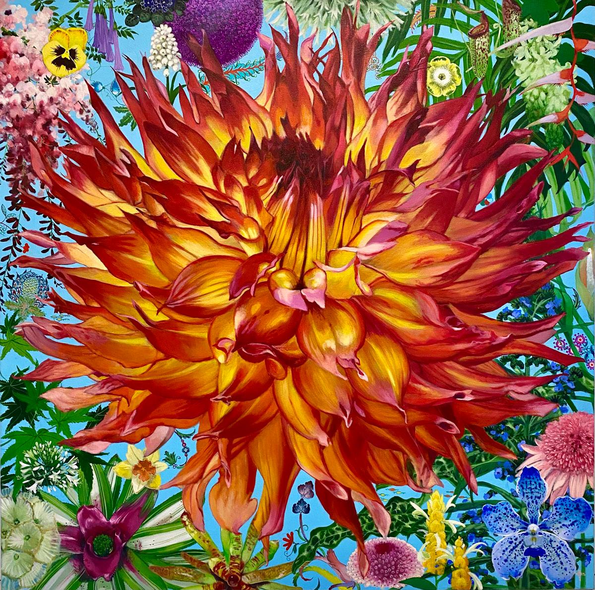 Terre - contemporary colorful floral tropical jungle flower acrylic painting - Painting by Keng Wai Lee