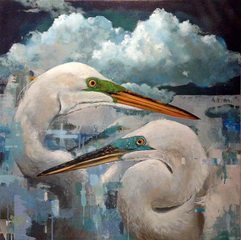 Thornfield Park - contemporary nature bird heron abstract acrylic painting  - Painting by Keng Wai Lee
