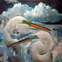 Thornfield Park - contemporary nature bird heron abstract acrylic painting 