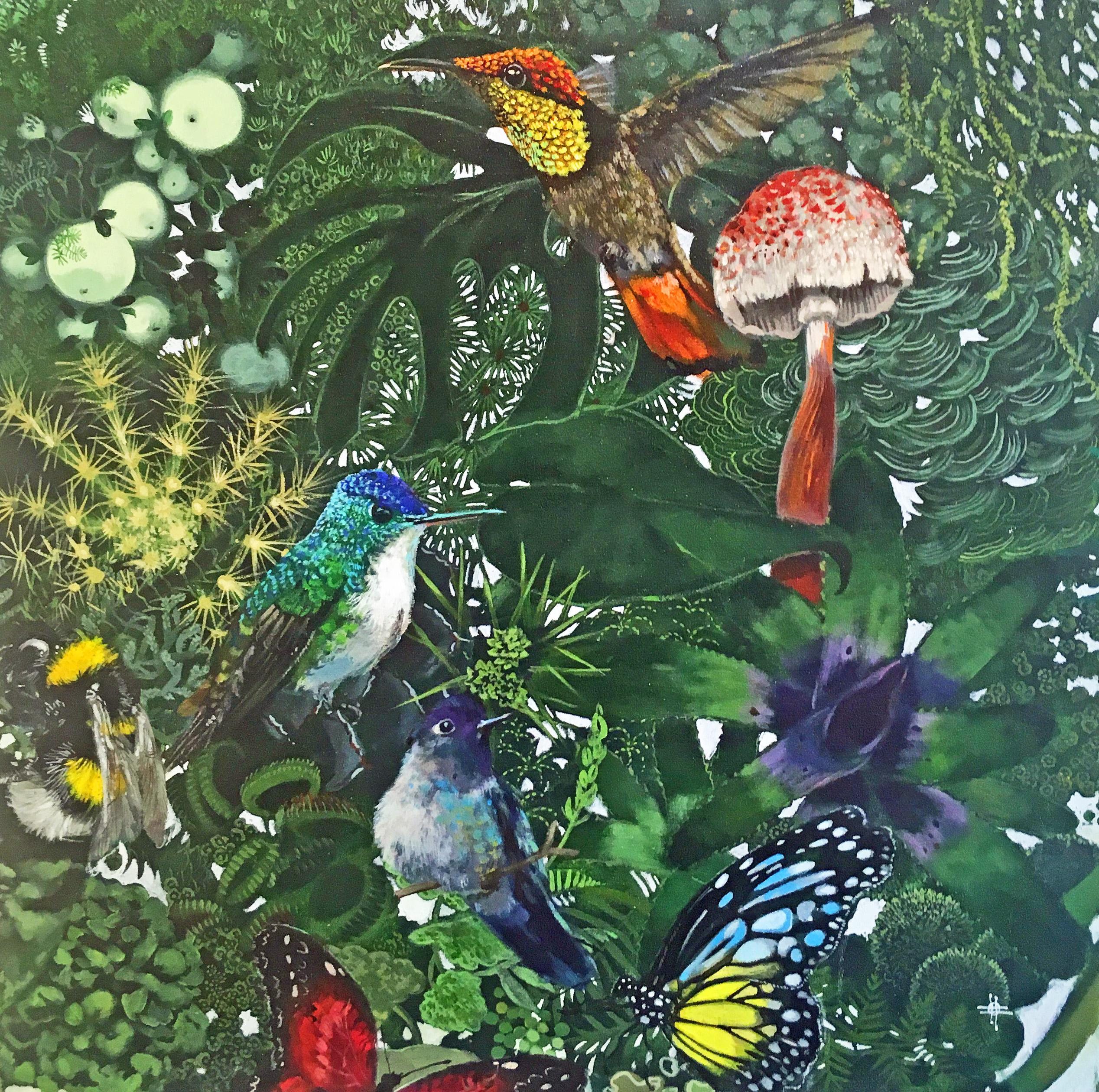 Zeitgenössisches, mehrfarbiges, geblümtes Acrylgemälde mit Vögeln von Victoria Everglot