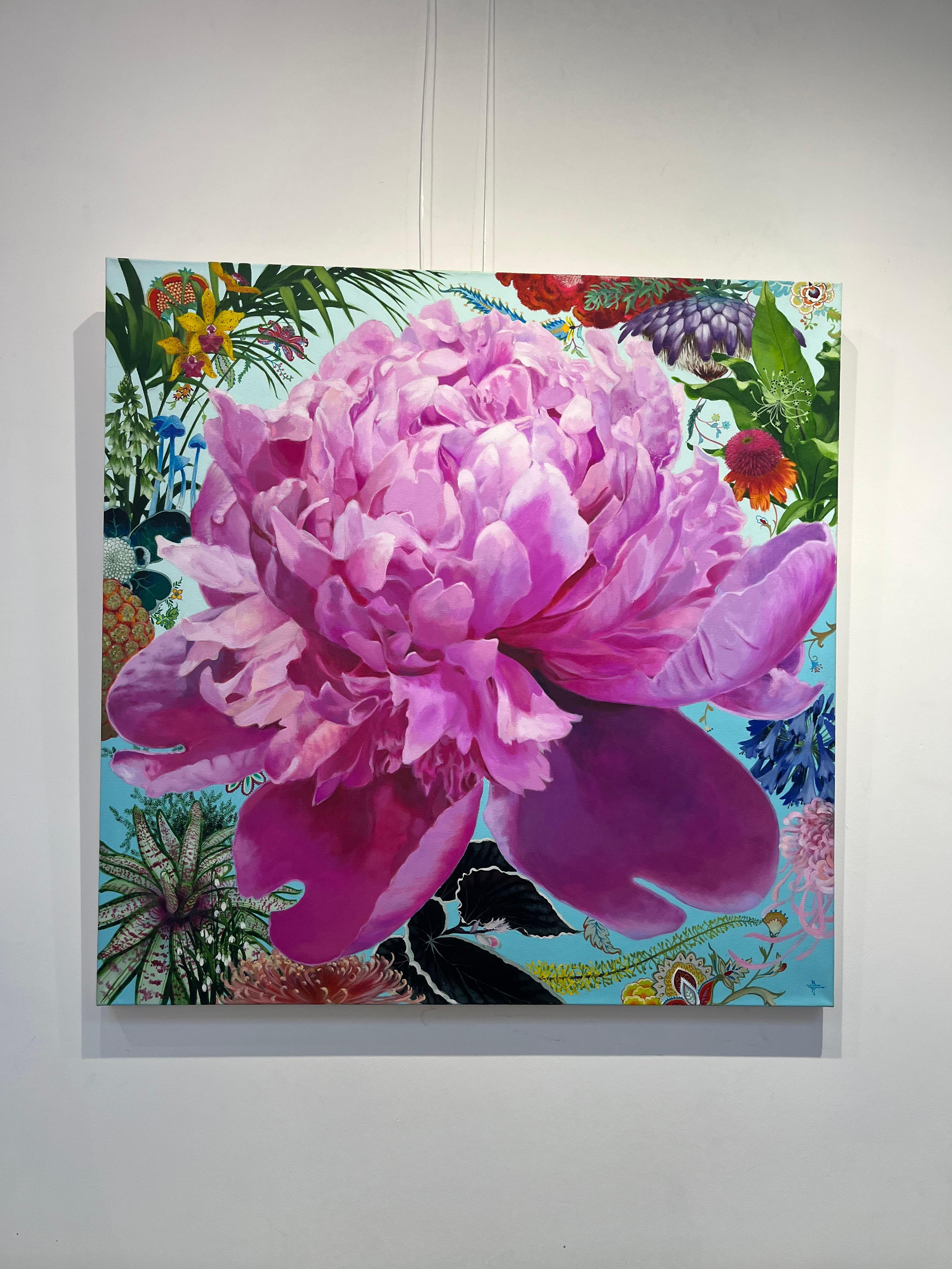 Zemlya - contemporary colorful pink flower decorative acrylic painting  - Contemporary Painting by Keng Wai Lee