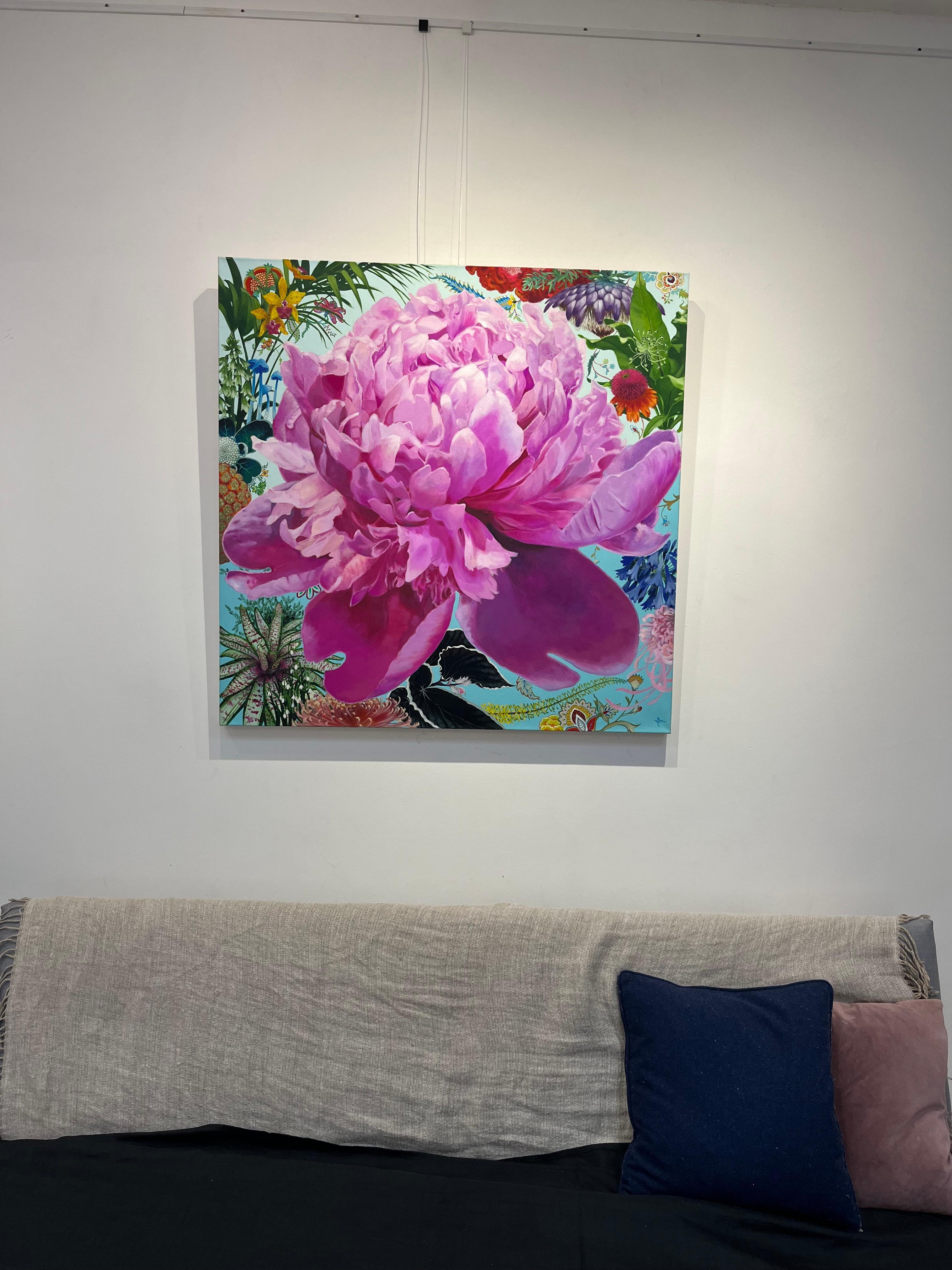 Zemlya - contemporary colorful pink flower decorative acrylic painting  For Sale 2