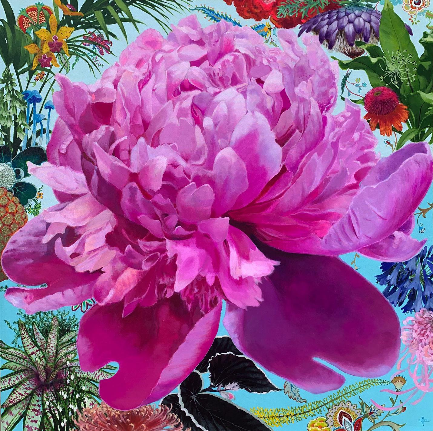 Zemlya - contemporary colorful pink flower decorative acrylic painting  - Painting by Keng Wai Lee