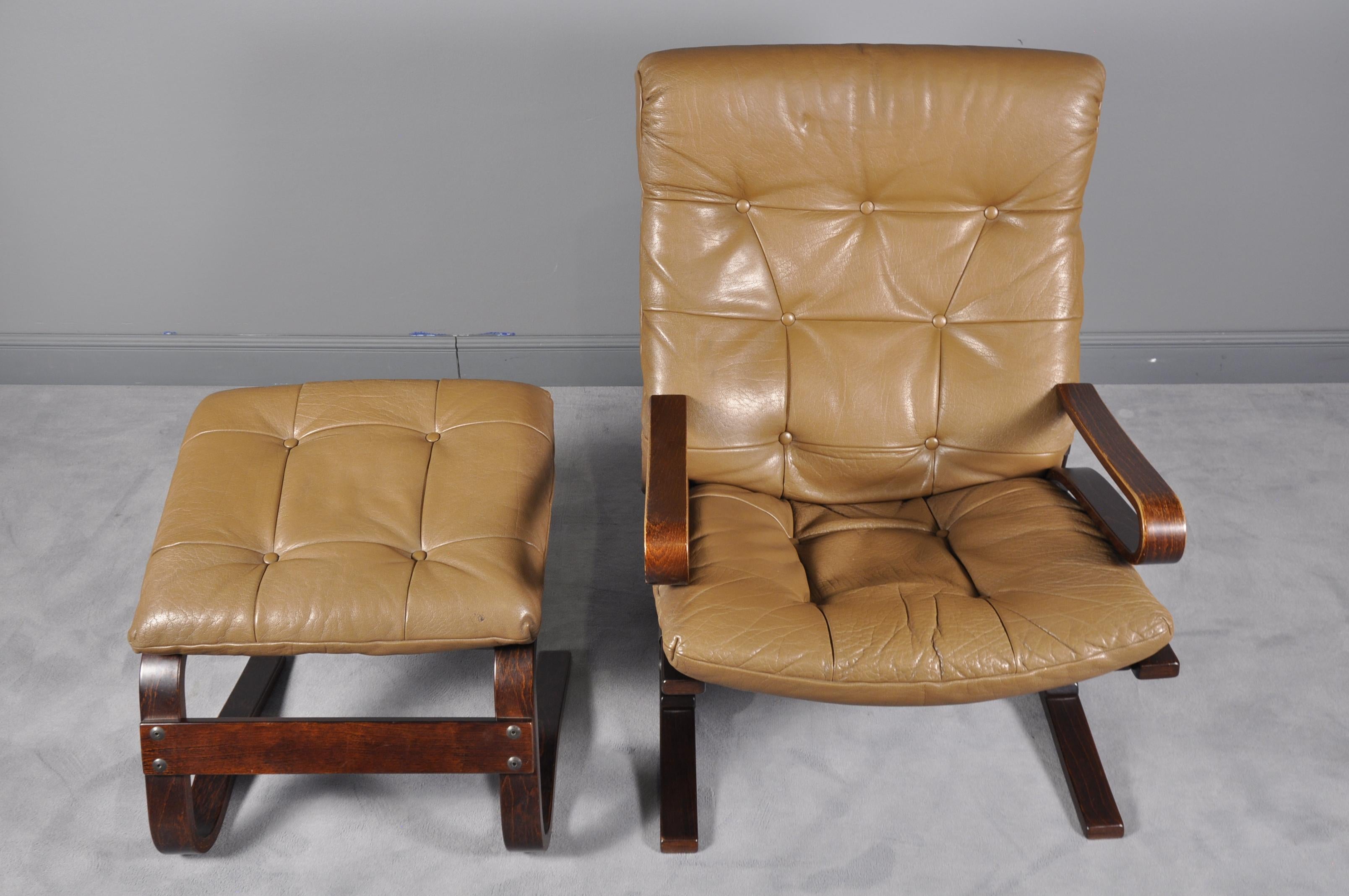 Leather Kengu Lounge Chair and Ottoman by Elsa Solheim for Rybo Rykken & Co, 1970s