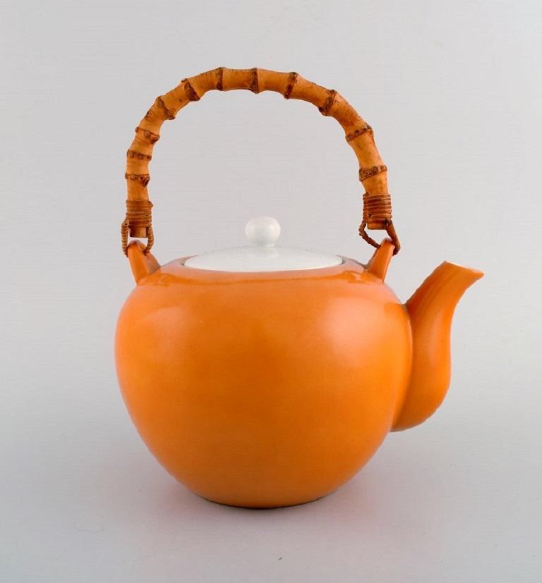 Glazed Kenji Fujita for Tackett Associates, Porcelain Teapot with a Bamboo Handle For Sale