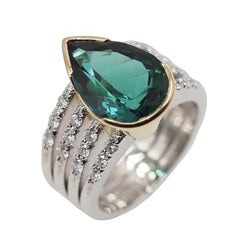Kenji Kiuchi Platinum 18K Gold Blue Green Tourmaline Diamond Cocktail Ring
