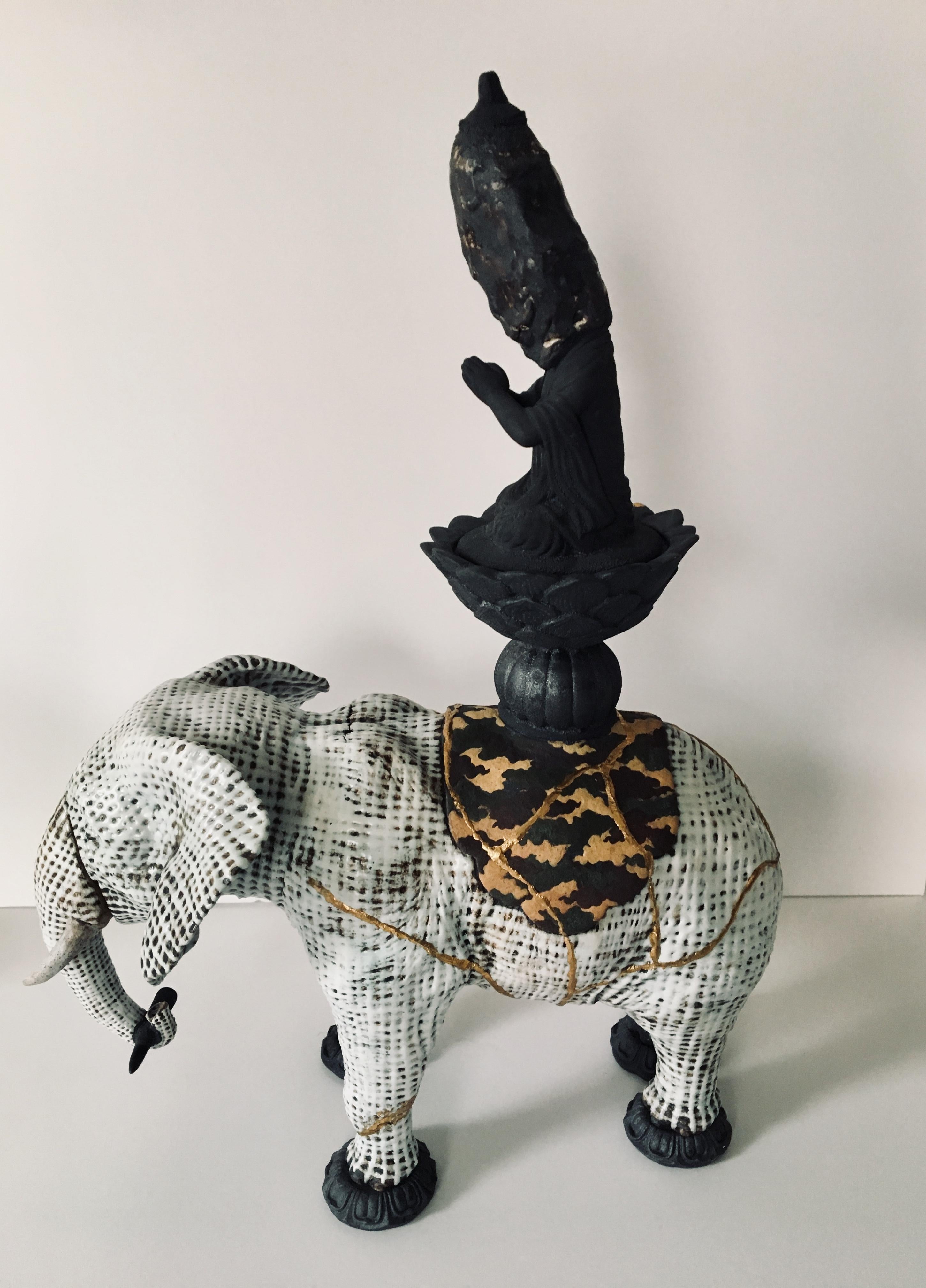 Kenjiro Kitade Figurative Sculpture - Ceramic Sculpture of elephant: 'Samantabhadra' (Sanskirt for Universal Worthy)