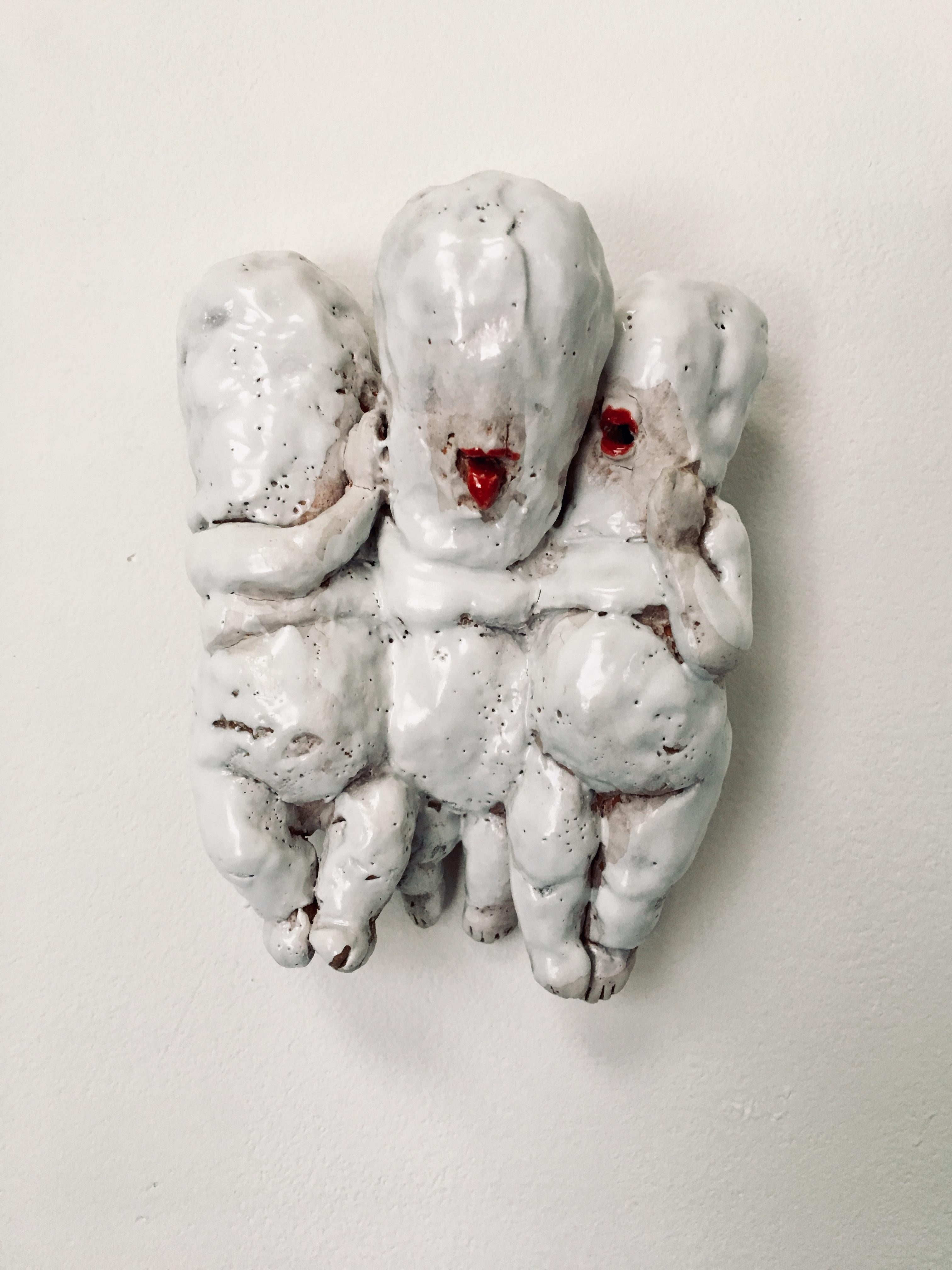 Kenjiro Kitade Nude Sculpture - Ceramic wall hanging of 3 Infants: "Prayer'