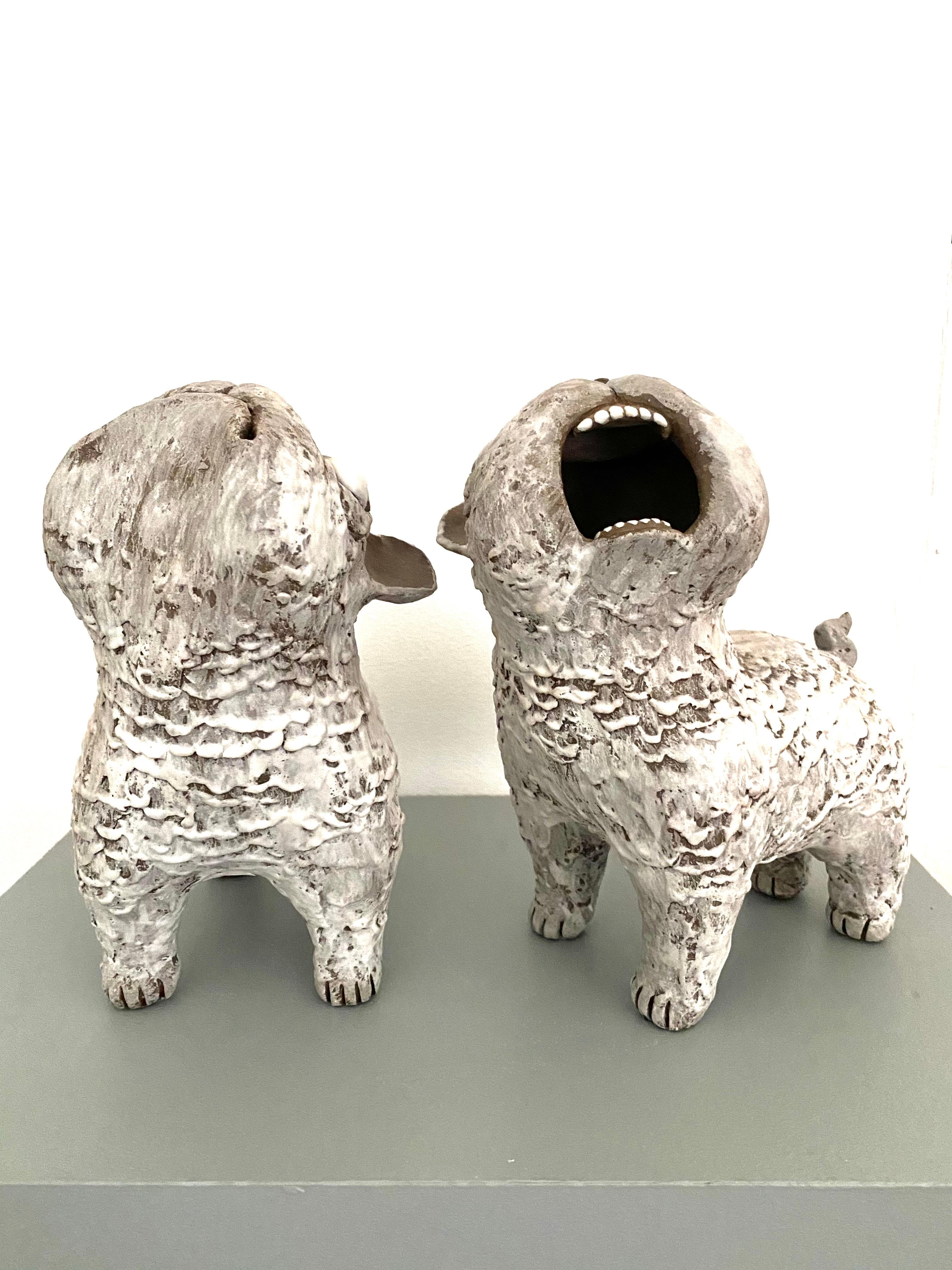 Kenjiro Kitade Figurative Sculpture - Dark Ceramic Set of Dogs: 'Guardian Foo Dogs'
