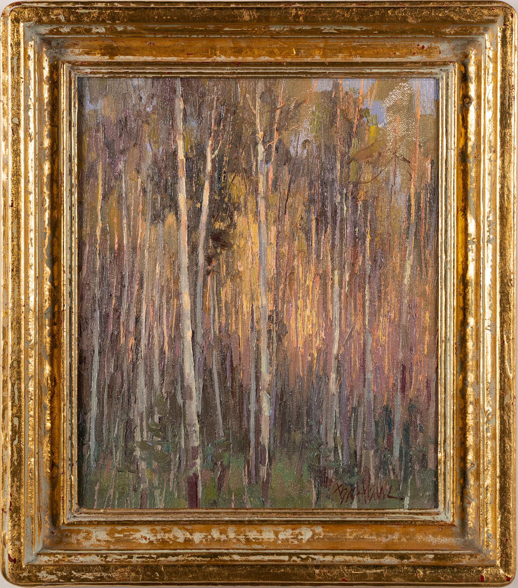 Peinture à l'huile originale vintage impressionniste américaine de la forêt occidentale d'Aspen Grove - Painting de Kenn Erroll Backhaus