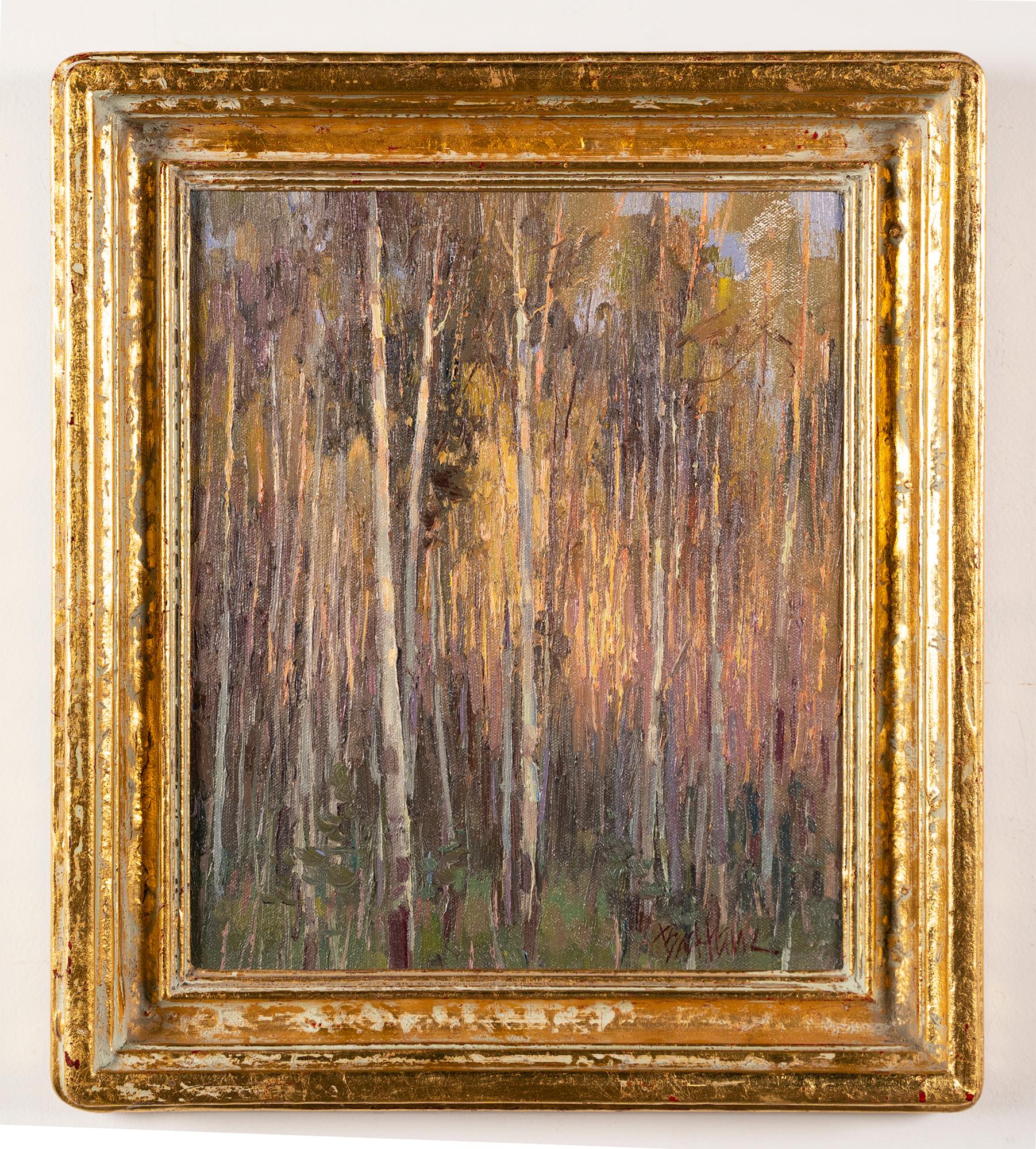 Peinture à l'huile originale vintage impressionniste américaine de la forêt occidentale d'Aspen Grove - Impressionnisme Painting par Kenn Erroll Backhaus