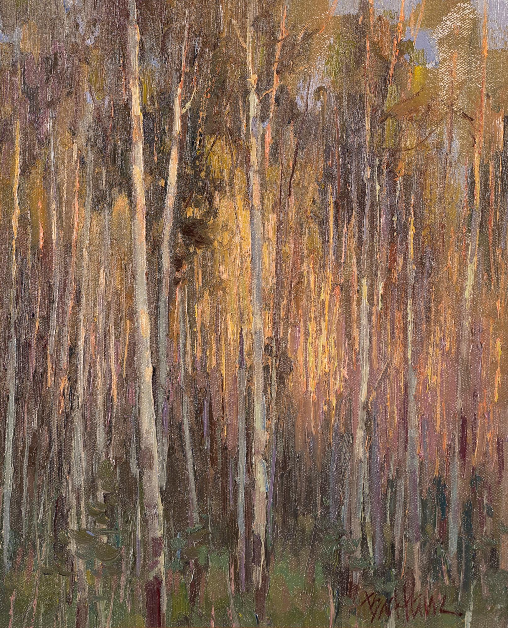 Peinture à l'huile originale vintage impressionniste américaine de la forêt occidentale d'Aspen Grove - Marron Landscape Painting par Kenn Erroll Backhaus