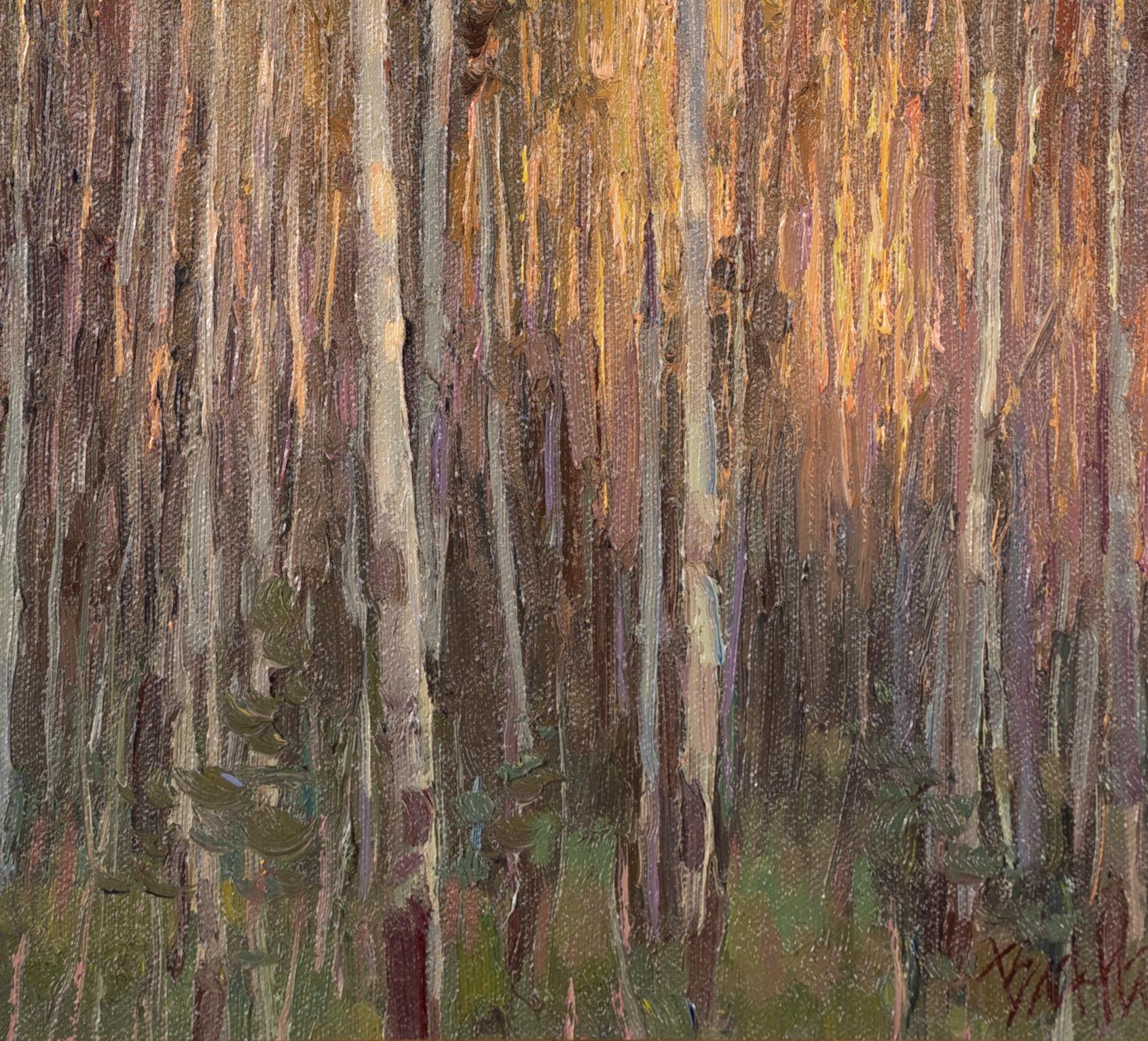 Peinture à l'huile originale vintage impressionniste américaine de la forêt occidentale d'Aspen Grove en vente 1