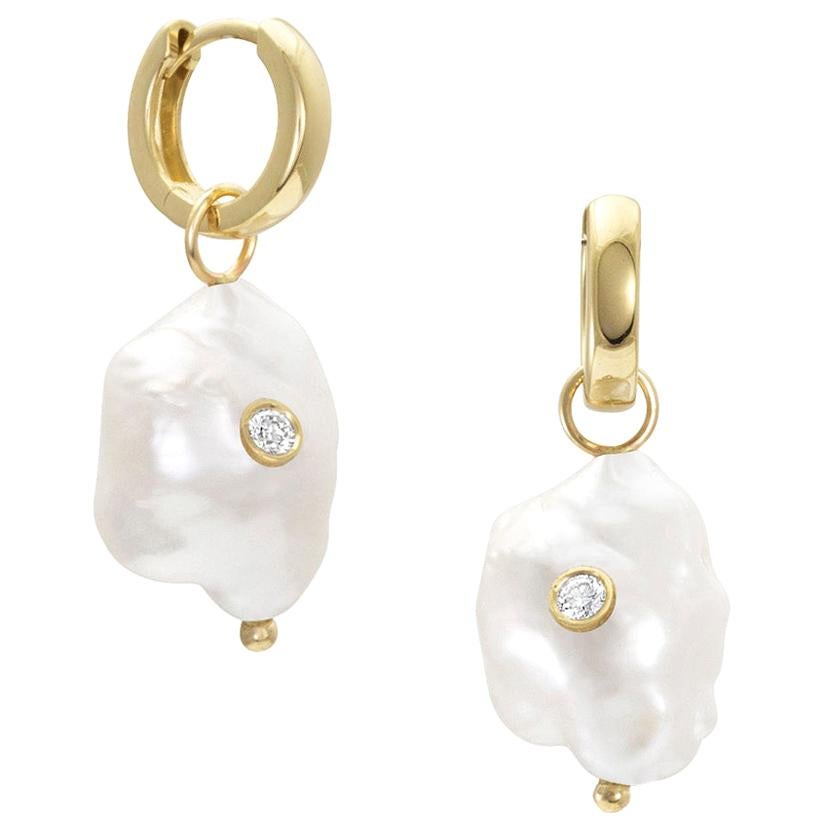 White/Space Kenna Pearl Hoops in 14 Karat Yellow Gold with Bezel Set Diamond For Sale