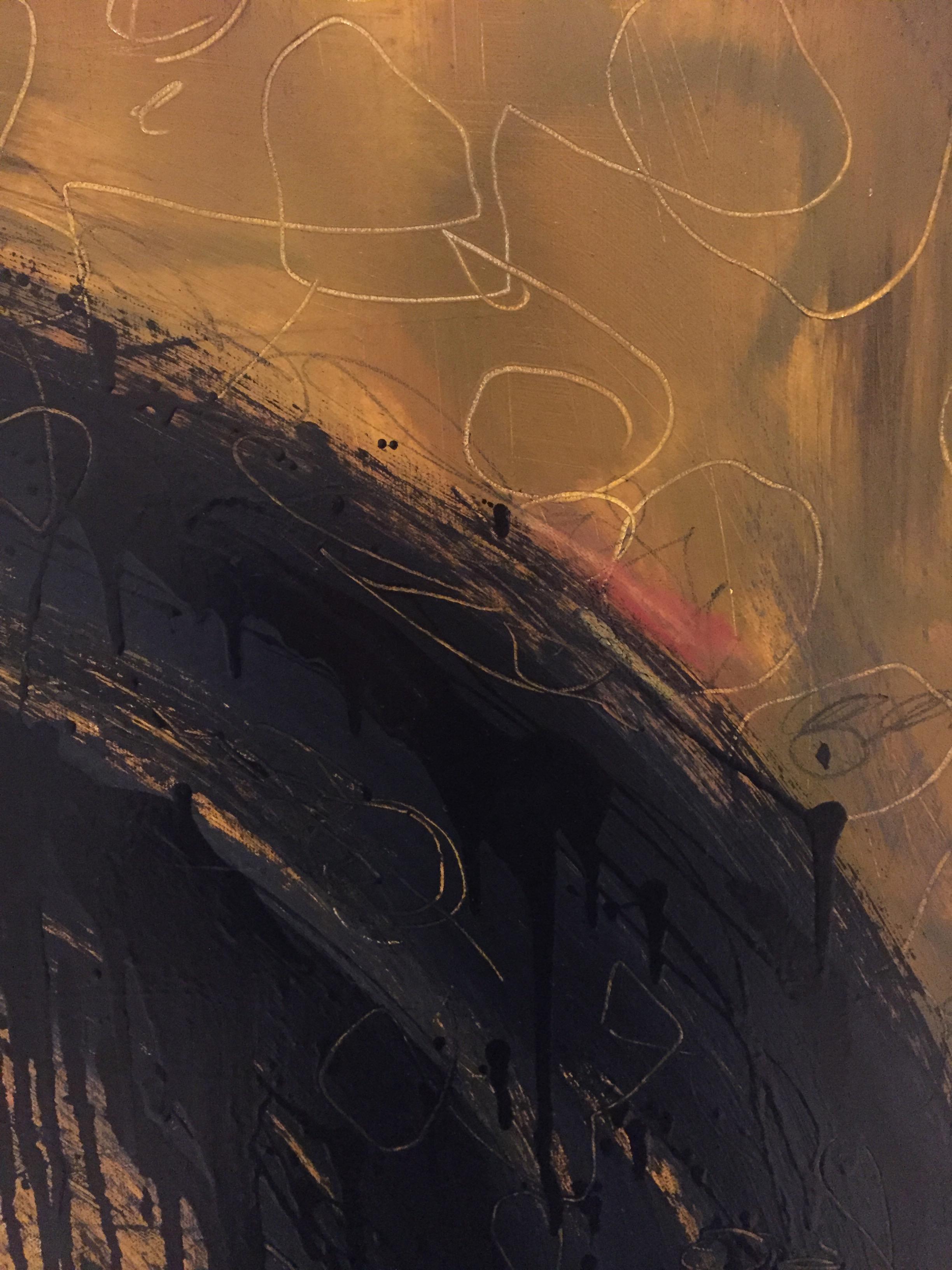 Moderne Peinture à l'huile et au pastel jaune et noir sur toile Kennan Del Mar en vente