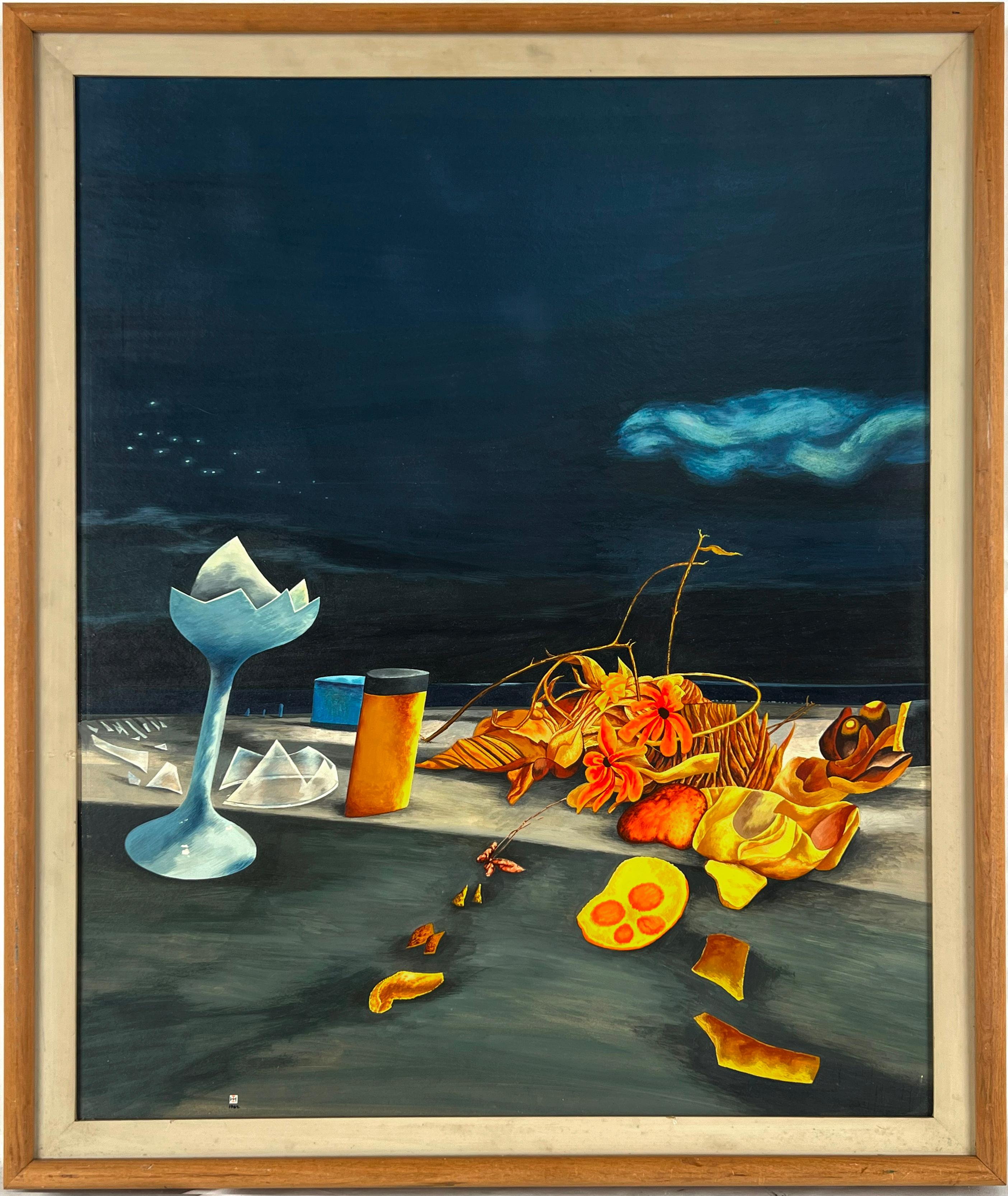 Abstract Painting de Kennard M Harris - "Ruiseñor" Naturaleza muerta surrealista en un paisaje azul al estilo de Yves Tanguy y Dalí