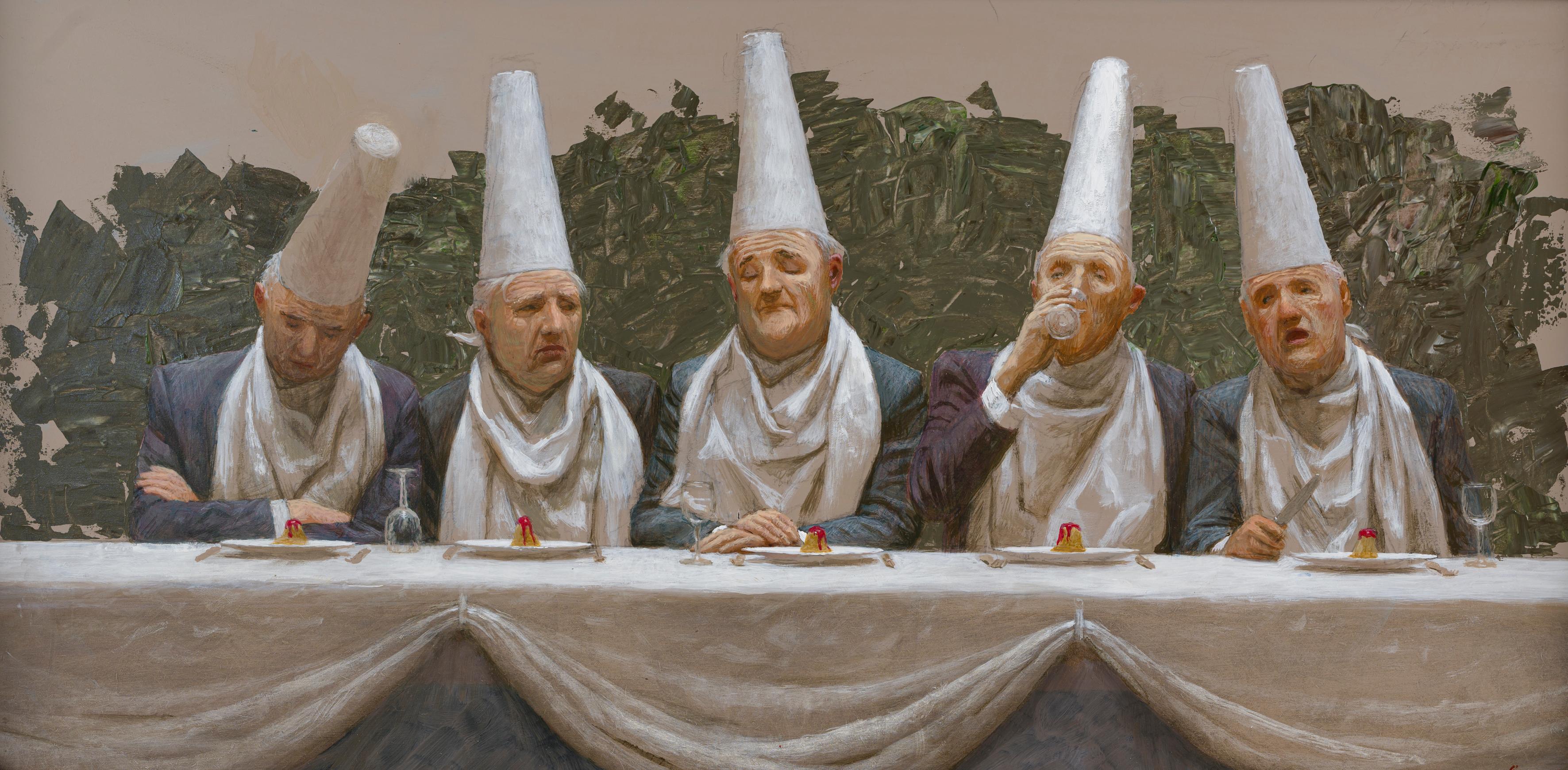 Jury Oil on Panel Painting Contemporary Hats Dinner Table Dessert Men In Stock