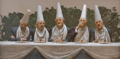 Jury Oil on Panel Painting Contemporary Hats Dinner Table Dessert Men In Stock