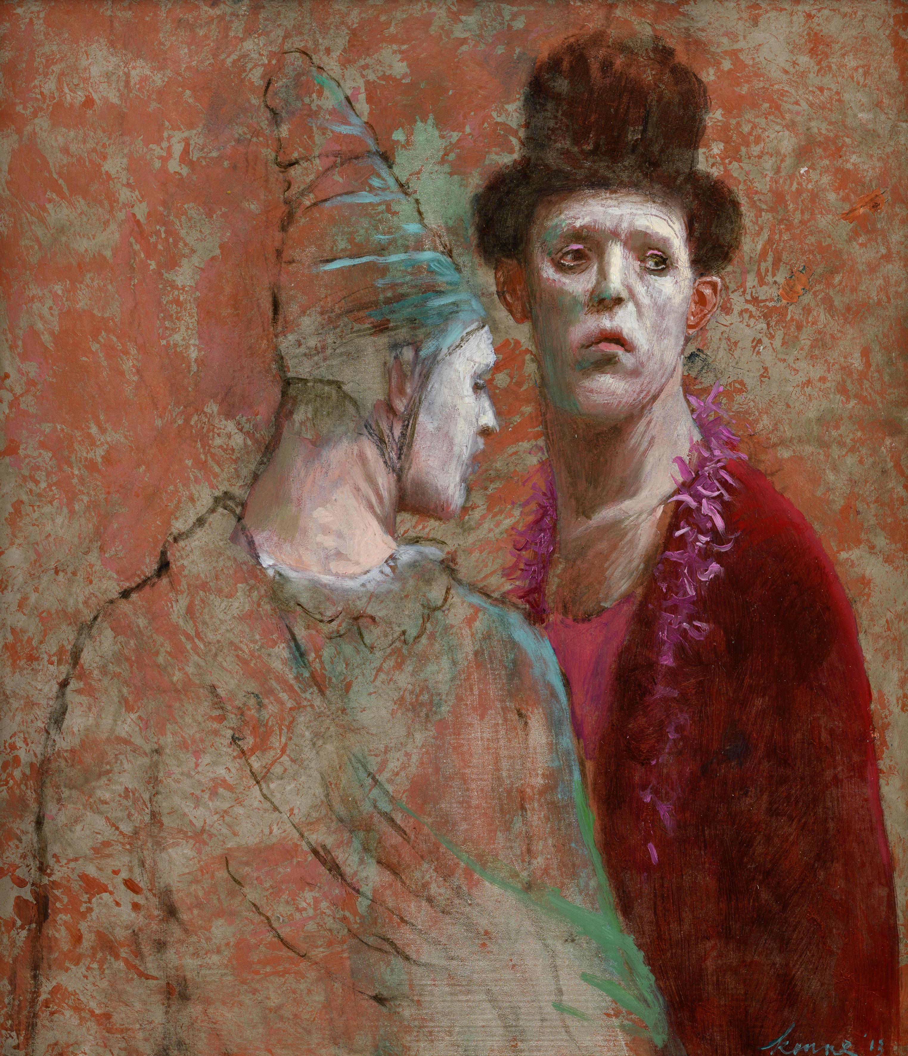 Grégoire, Kenne Portrait Painting – Wachten Waiting Öl auf Tafel Gemälde Clowns Contemporary Figurative Auf Lager