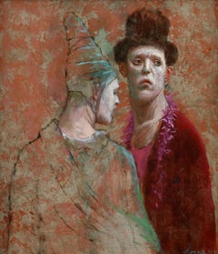 Wachten Waiting Oil on Panel Painting Clowns Contemporary Figurative In Stock