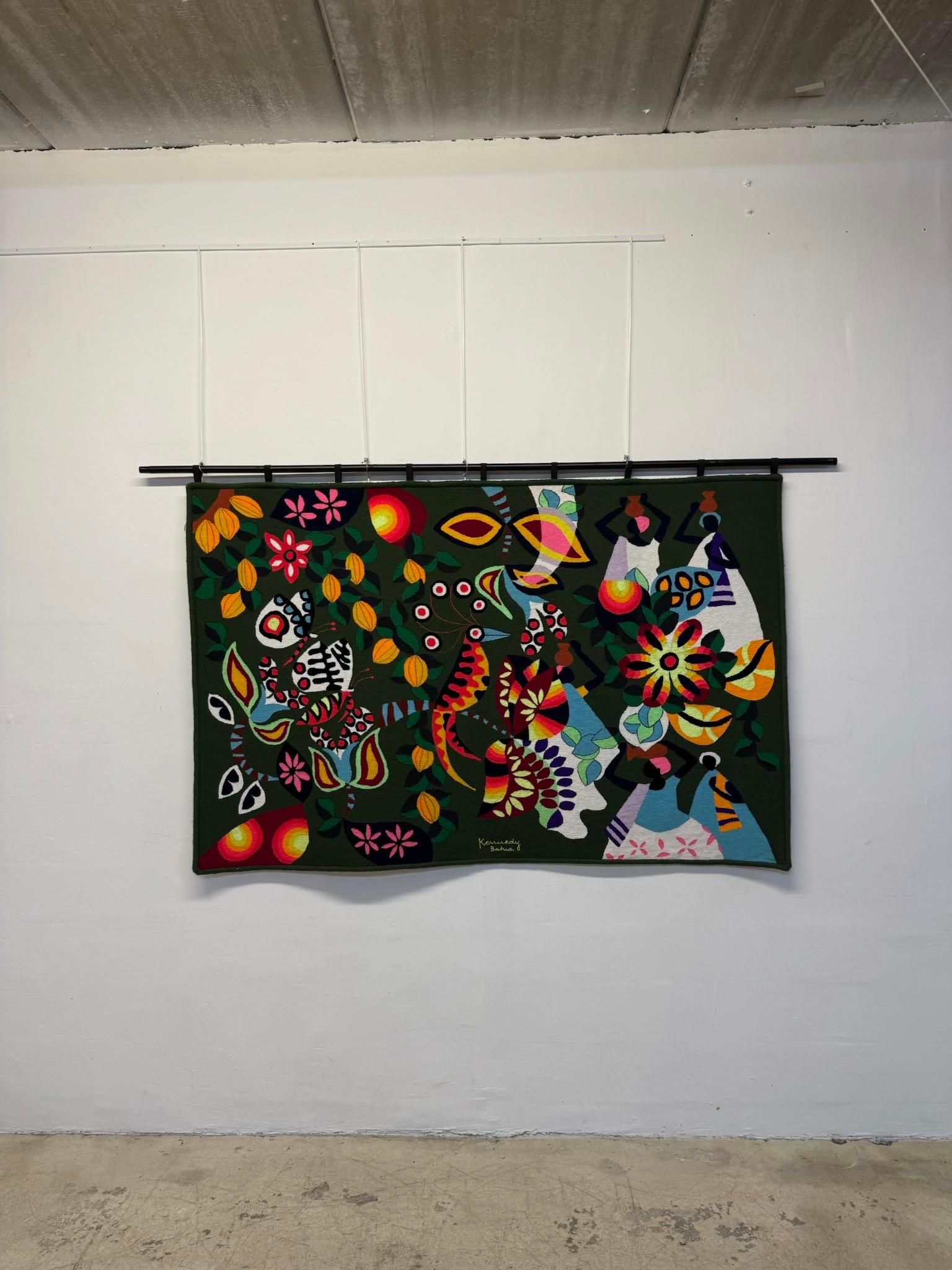 Large scale woven wall tapestry by Brazilian textile artist Kennedy Bahia circa 1960.  

Baianas with flowers, butterflies and birds.

“Known nationally and internationally, Kennedy Bahia was one of the pioneers in the expansion of the plastic arts