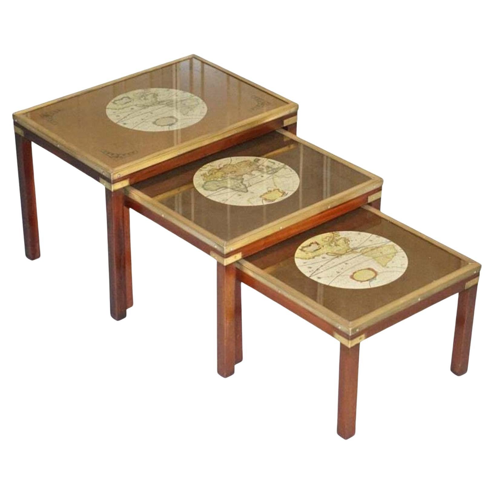 Harrods London Brass Bound Campaign Mapped Globe Nesting Tables & Glazed Top  For Sale