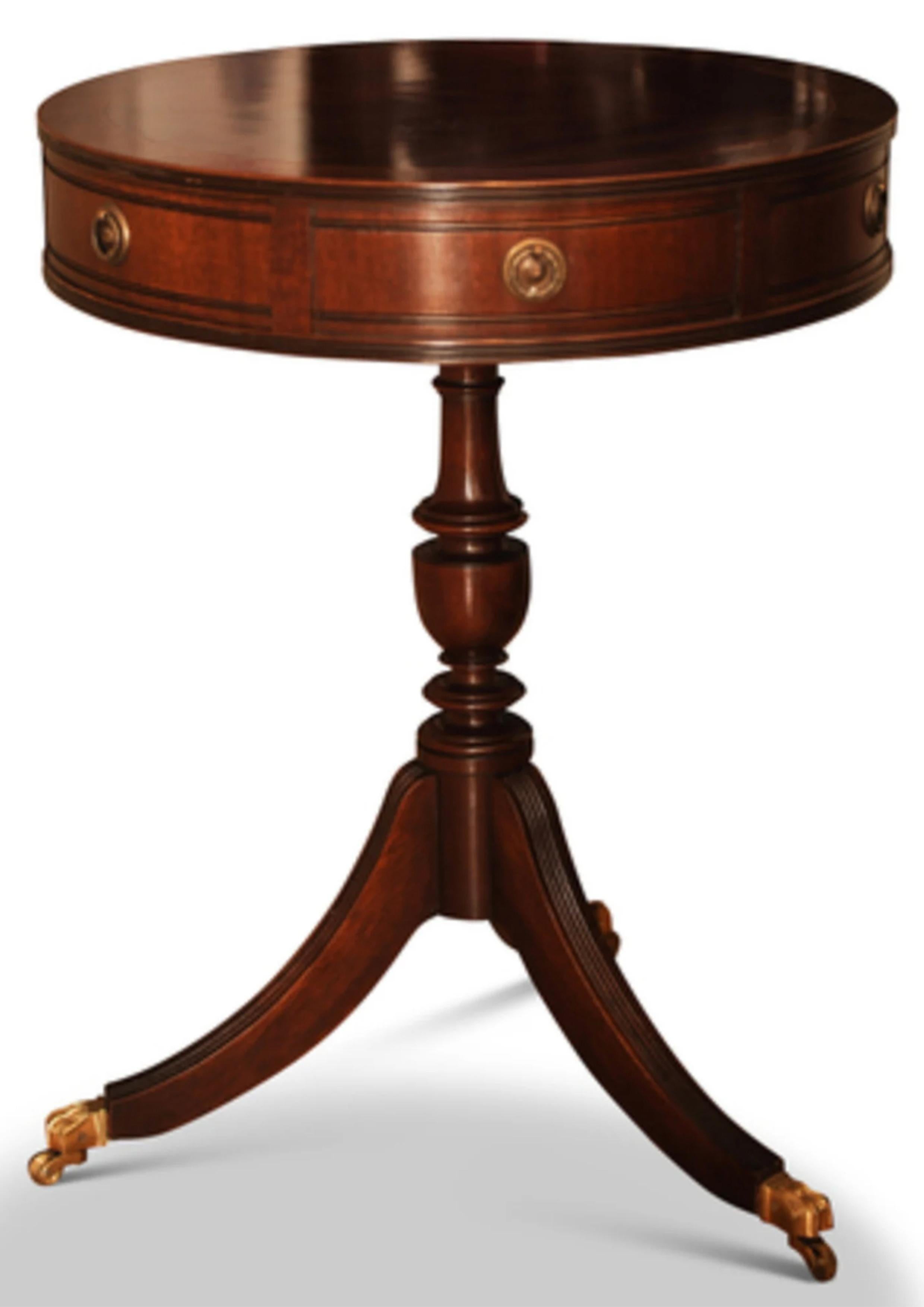 British Kennedy For Harrods Regency Circular Drum Table With Brass Fixtures and Paw Feet For Sale