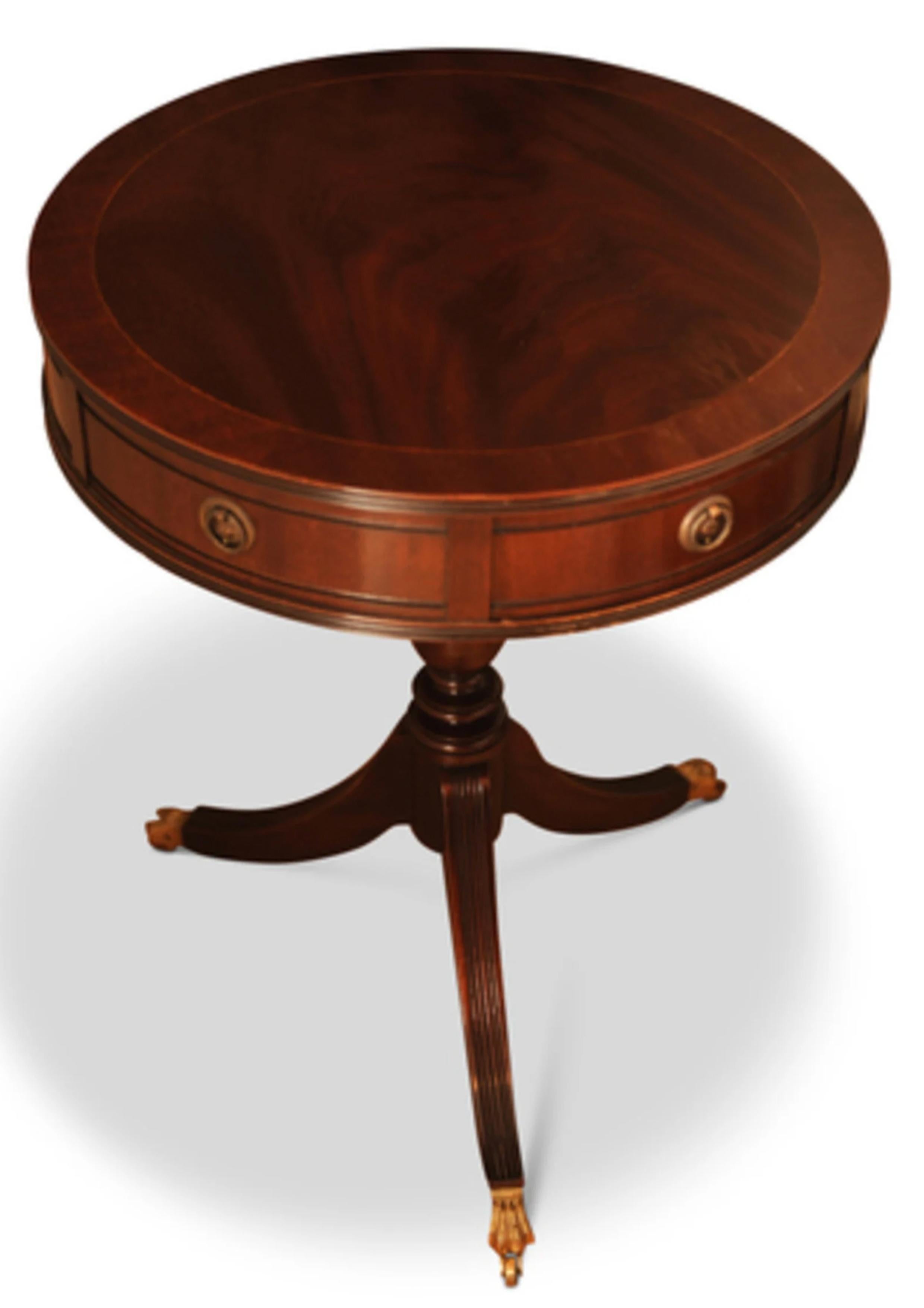 Hand-Crafted Kennedy For Harrods Regency Circular Drum Table With Brass Fixtures and Paw Feet For Sale