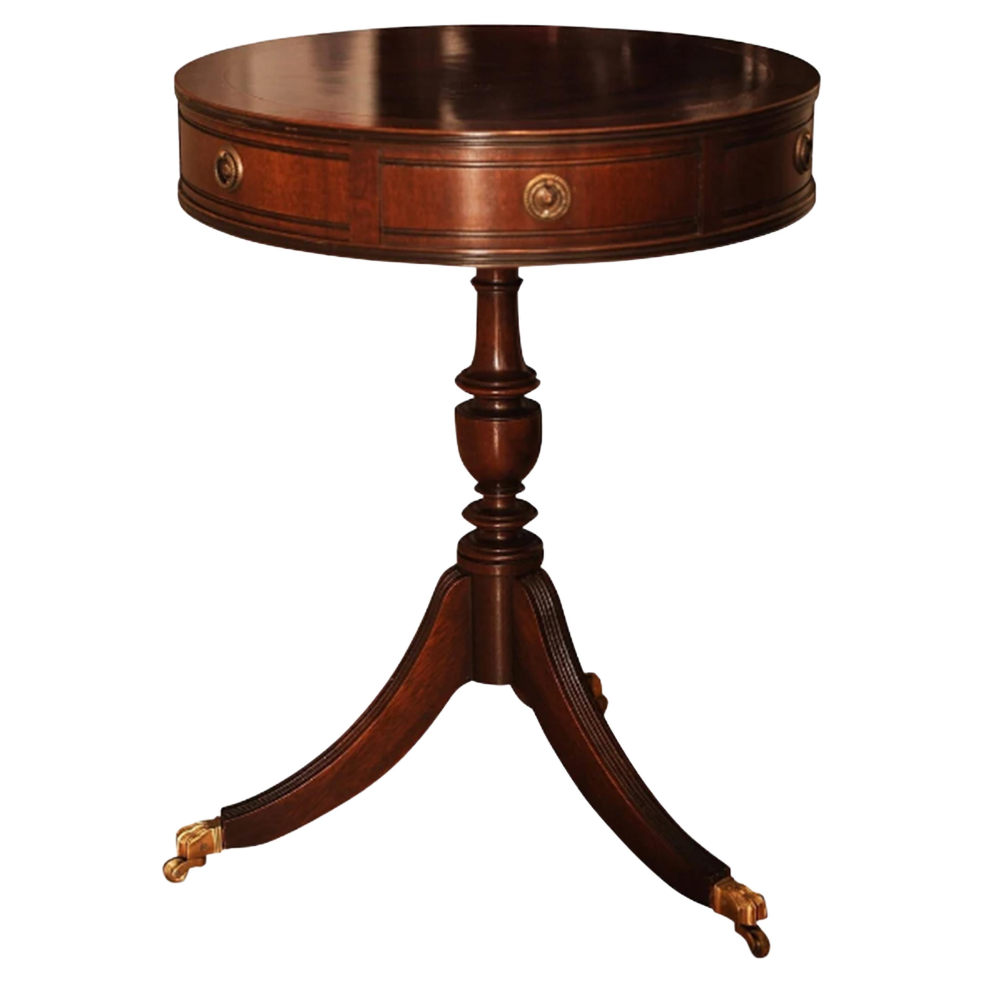 Kennedy For Harrods Regency Circular Drum Table With Brass Fixtures and Paw Feet For Sale