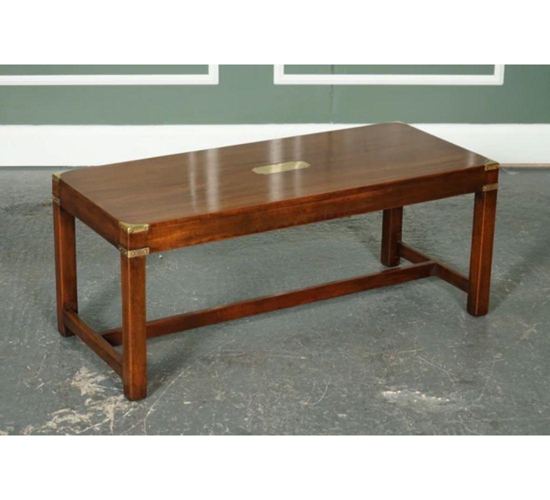 Vintage Harrods London Military Campaign coffee table.

This is a solid, well-made, decorative piece that will beautifully fit in any room. 

We got this table restored by sending it to our skilled French Polisher. He has had this skill passed