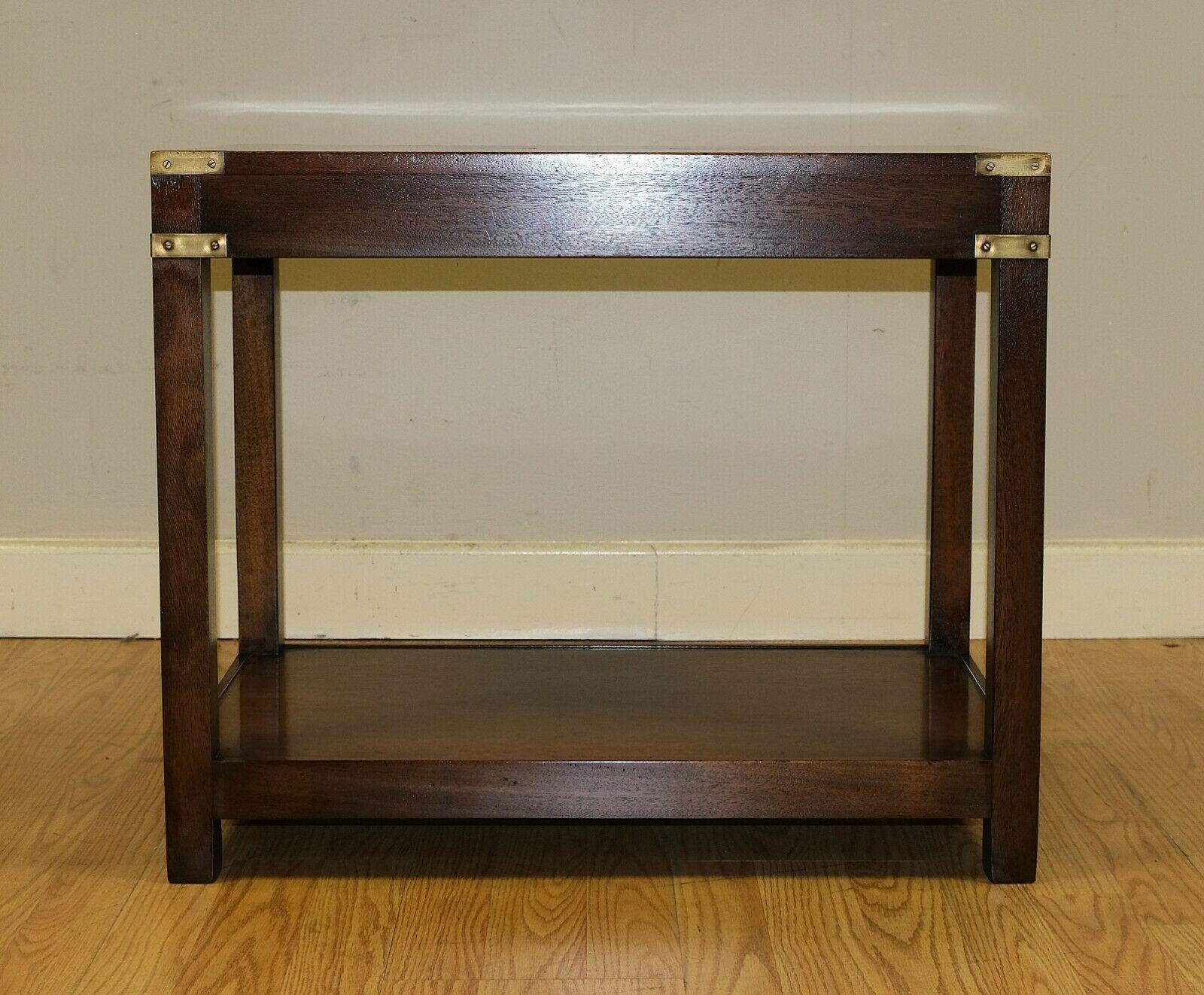 English Kennedy Military Campaign Brown Hardwood Side/Coffee Table Brass Inset on Top