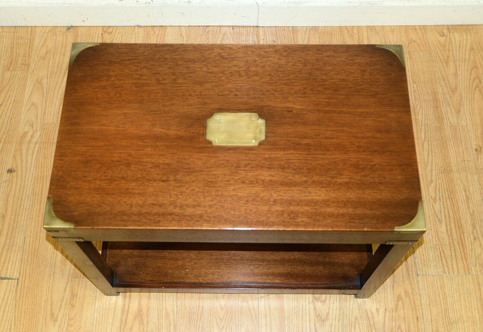 Hand-Crafted Kennedy Military Campaign Brown Hardwood Side/Coffee Table Brass Inset on Top