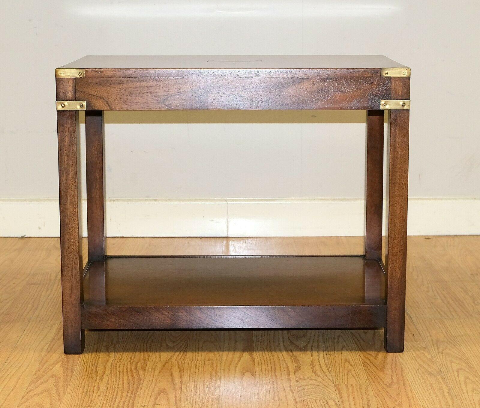 Kennedy Military Campaign Brown Hardwood Side/Coffee Table Brass Inset on Top 2