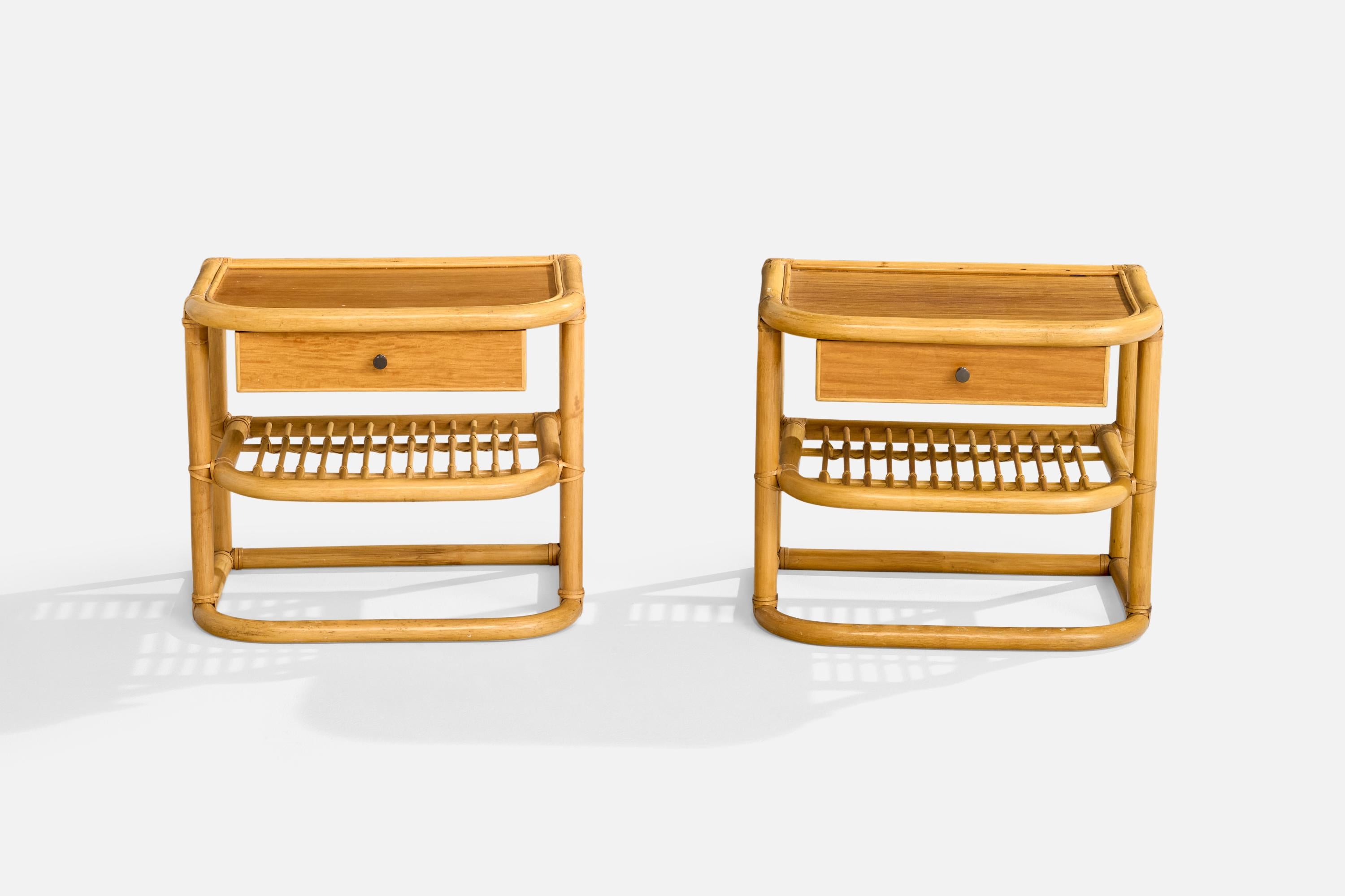 Mid-Century Modern Kenneth Bergenblad, Nightstands, Bamboo, Wood, Rattan, Brass, Sweden, 1970s For Sale