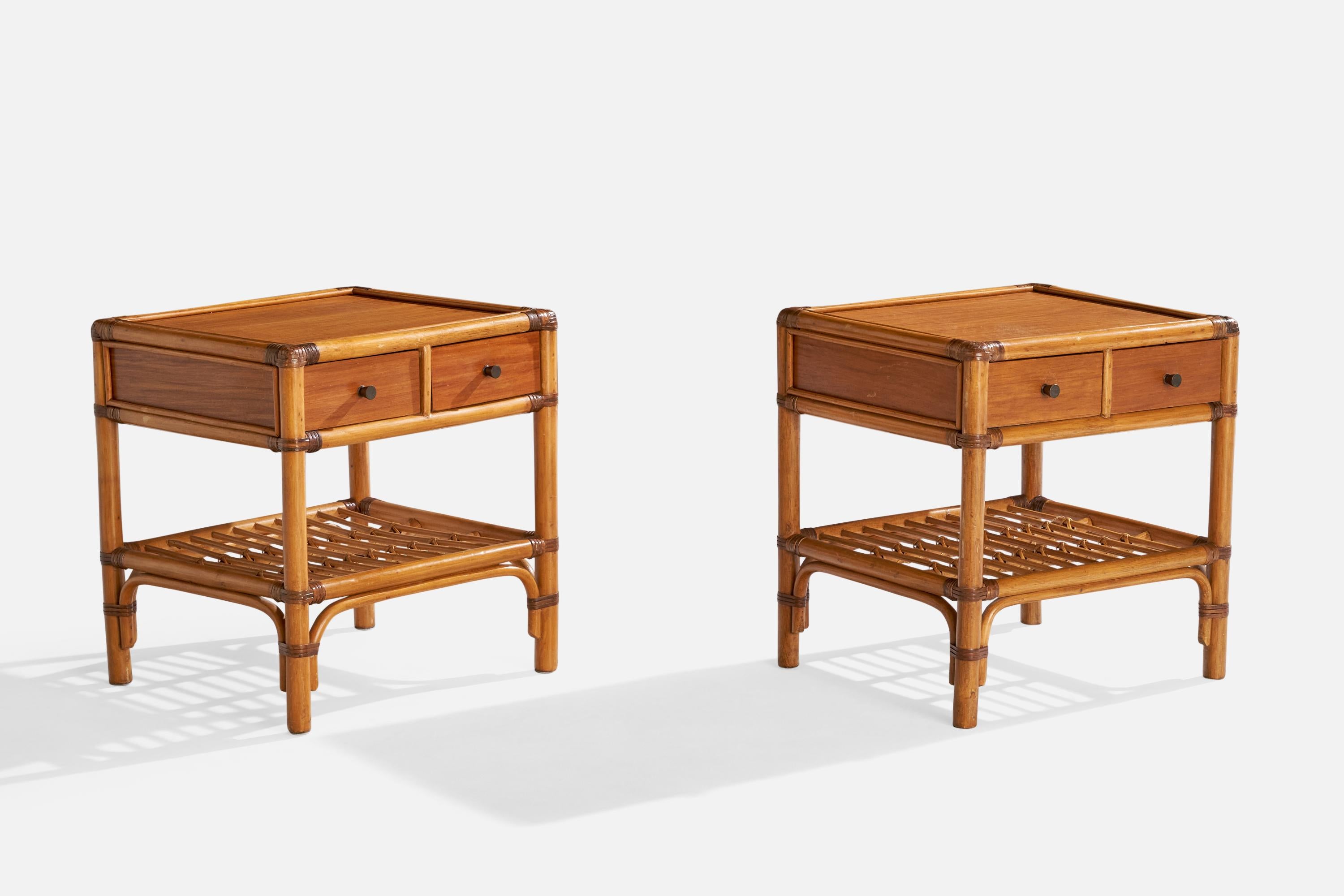 A pair of bamboo, wood, rattan and brass nightstands designed by Kenneth Bergenblad and produced by Dux, Sweden, c. 1976.

Dimensions: 21.375” H x 20.375” W x 17.5” D