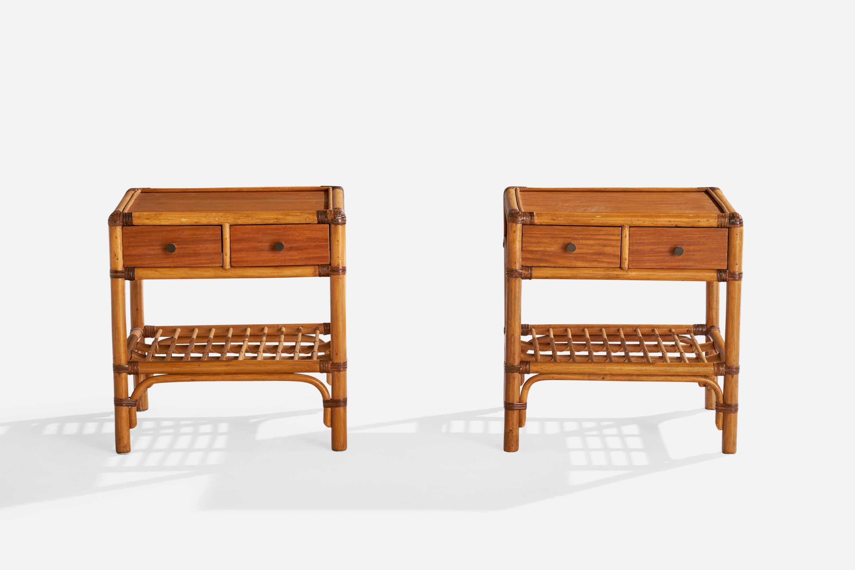Swedish Kenneth Bergenblad, Nightstands, Bamboo, Wood, Rattan, Brass, Sweden, 1976 For Sale