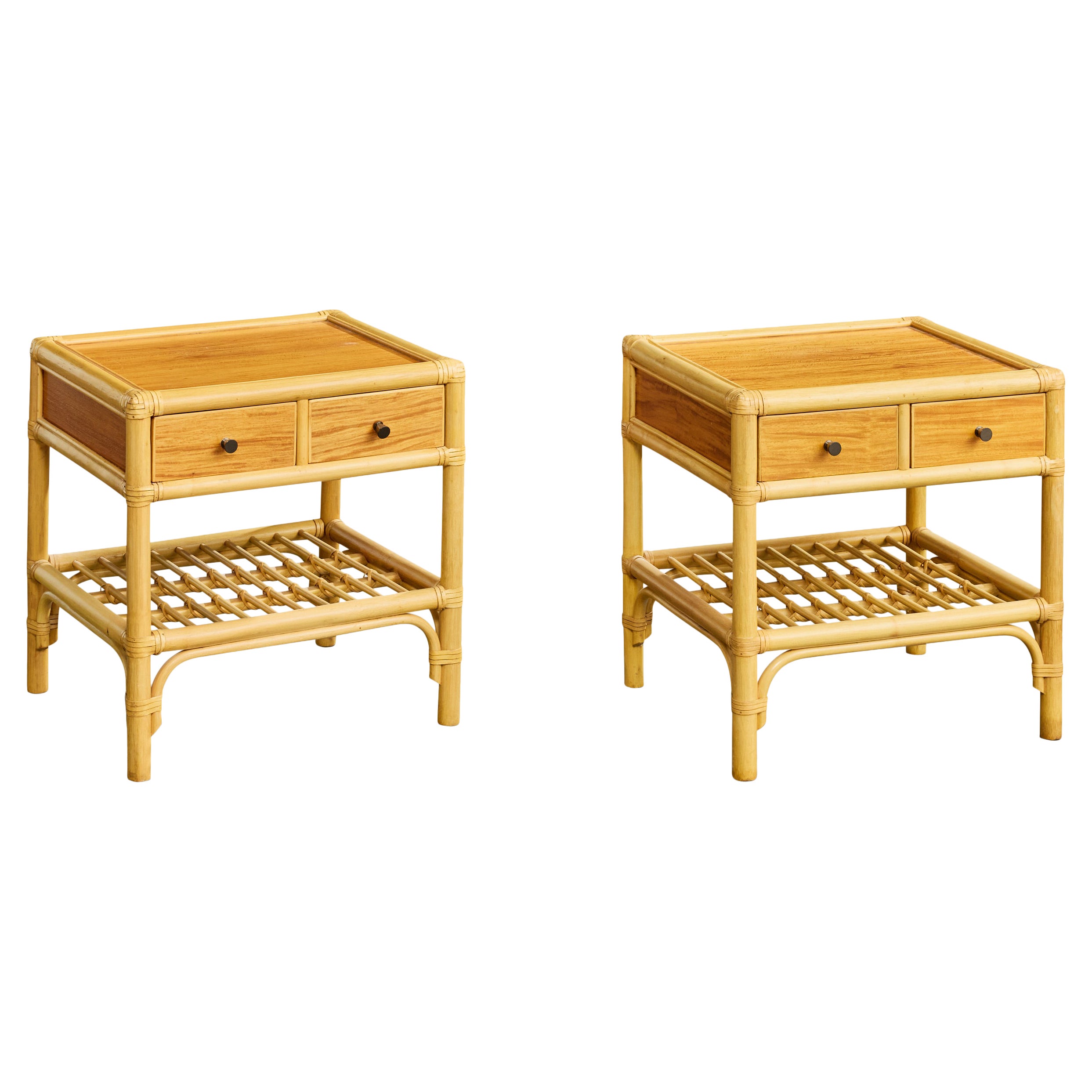 Kenneth Bergenblad, Nightstands, Bamboo, Wood, Rattan, Brass, Sweden, 1976