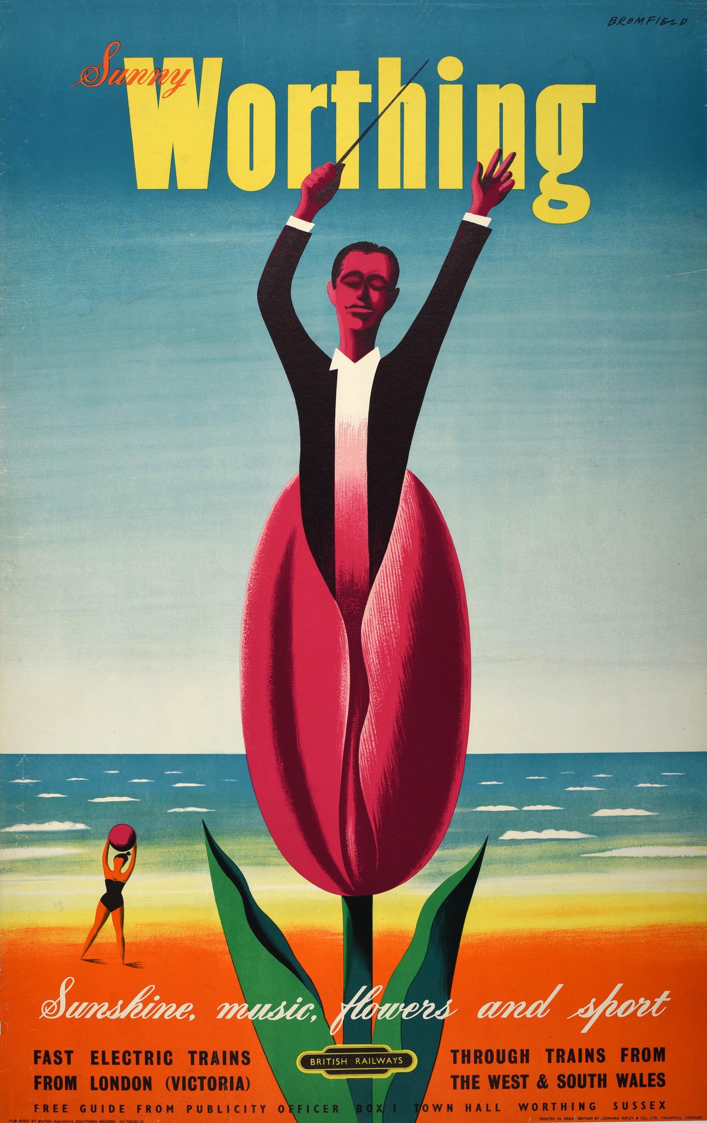 Kenneth Bromfield Print - Original Vintage Travel Poster Sunny Worthing British Railways Beach Music Sport