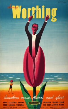 Original Vintage Travel Poster Sunny Worthing British Railways Beach Music Sport