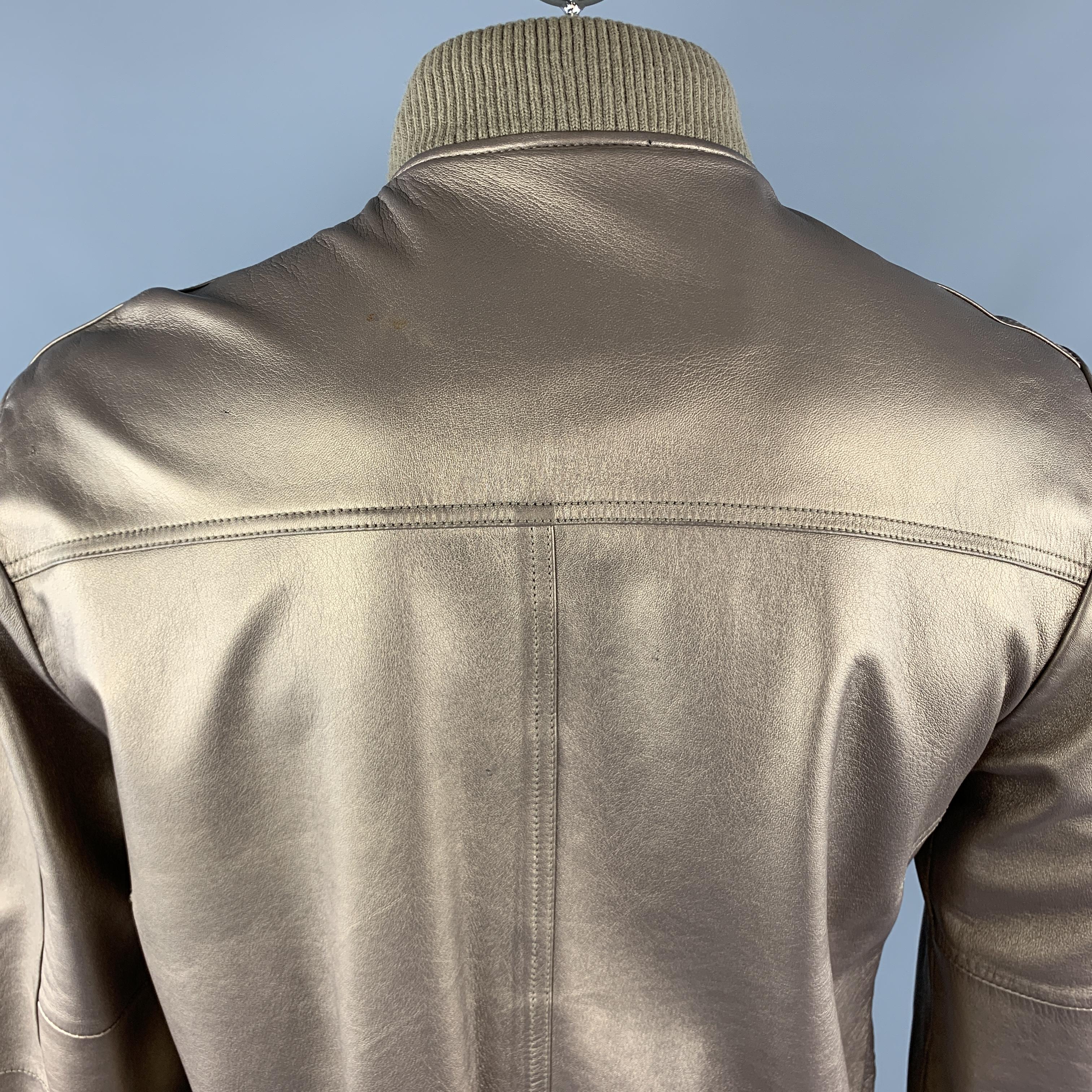 Brown KENNETH COLE 42 Gold Metallic Leather Zip Up Vintage Bomber Style Jacket