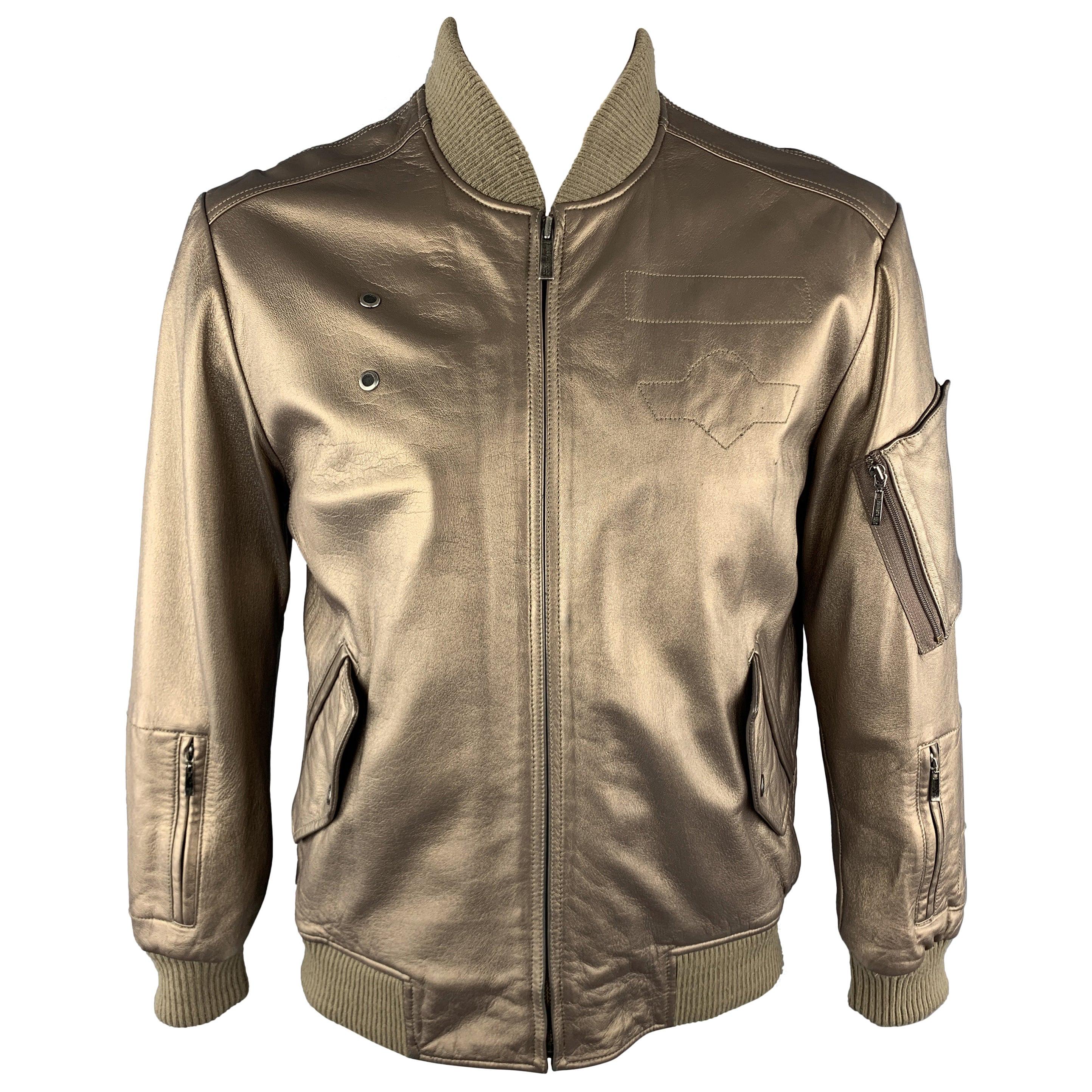 KENNETH COLE 42 Gold Metallic Leather Zip Up Vintage Bomber Style Jacket