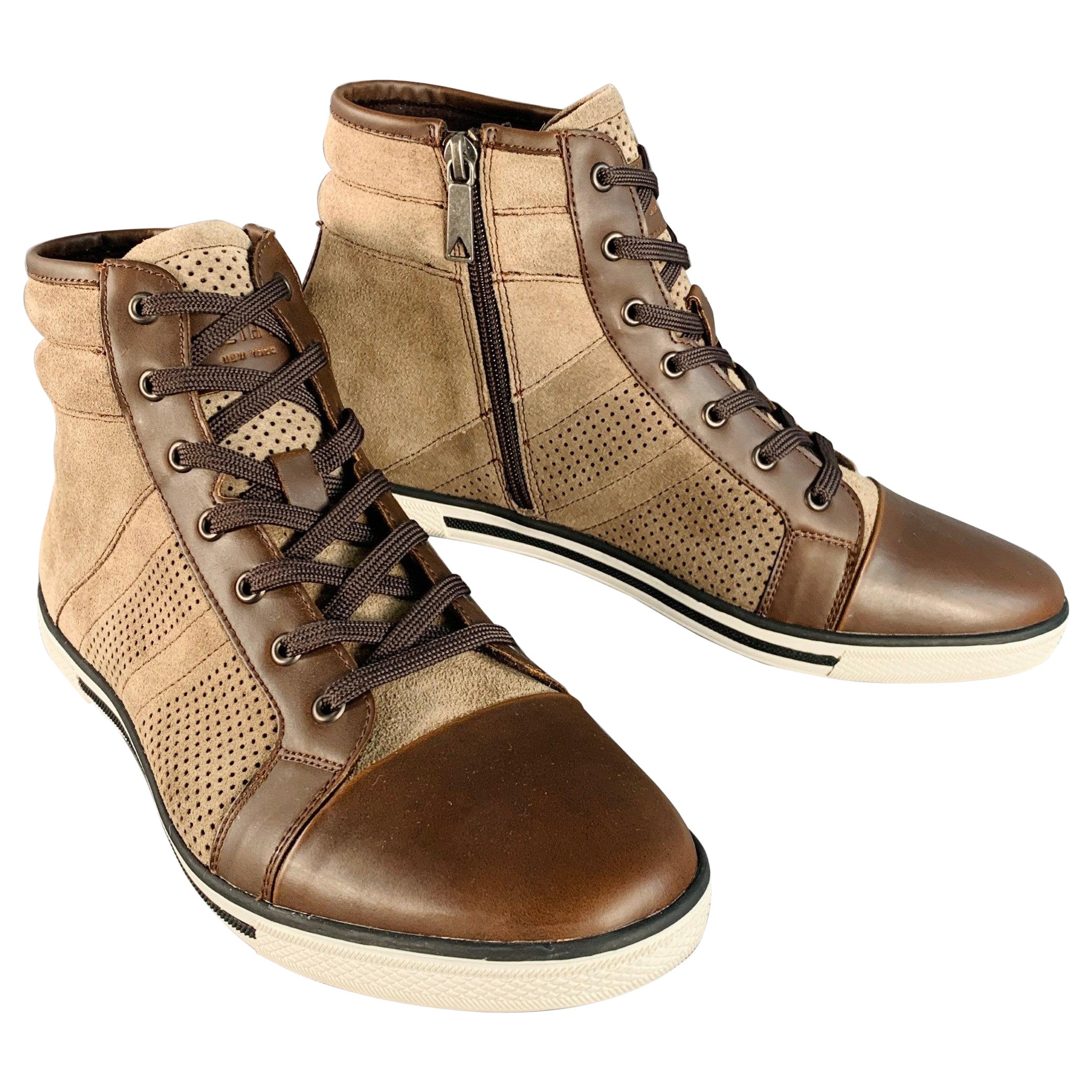 KENNETH COLE Size 9 Caden Brown Perforated Suede High Top Sneakers