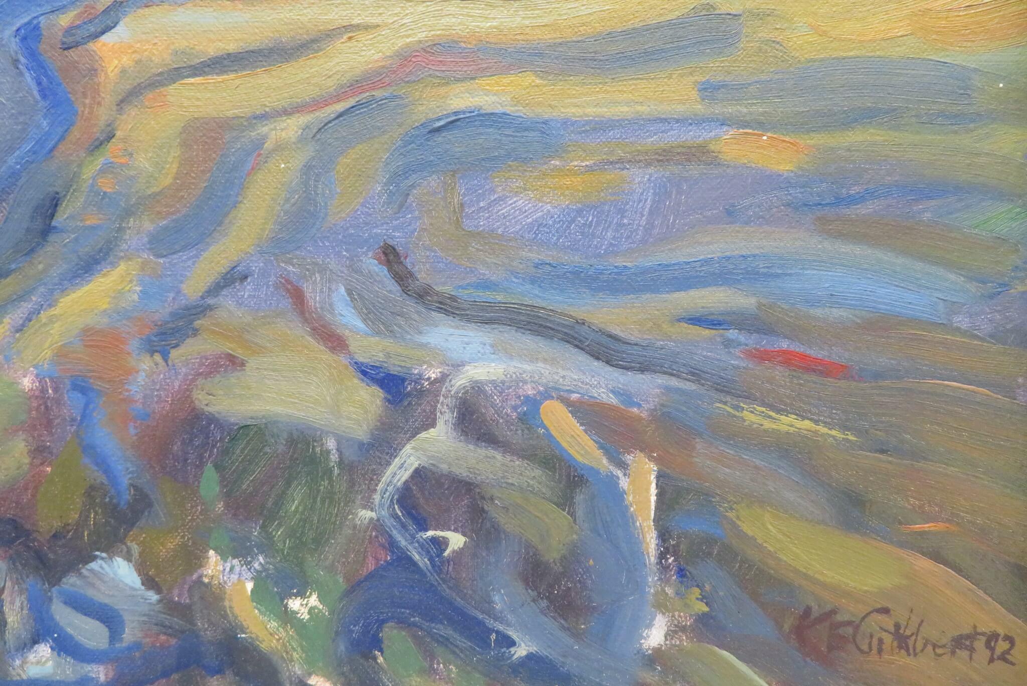 Colorato dipinto a olio francese POST-IMPRESSIONISTA DORDOGNE FRANCIA anni '80 circa - Landscape Painting Grigio di Kenneth Cuthbert