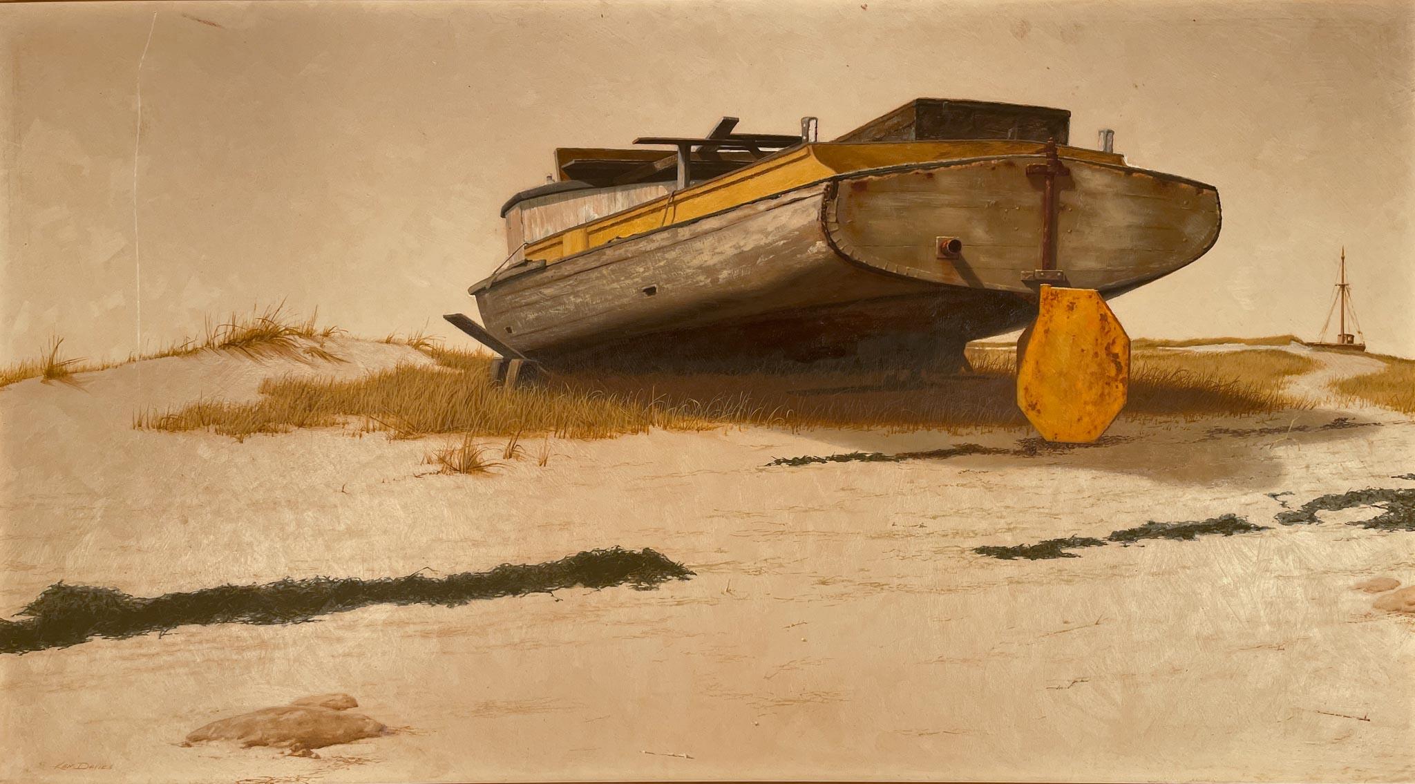 Kenneth Davies Landscape Painting – Boot angedockt an der Küste