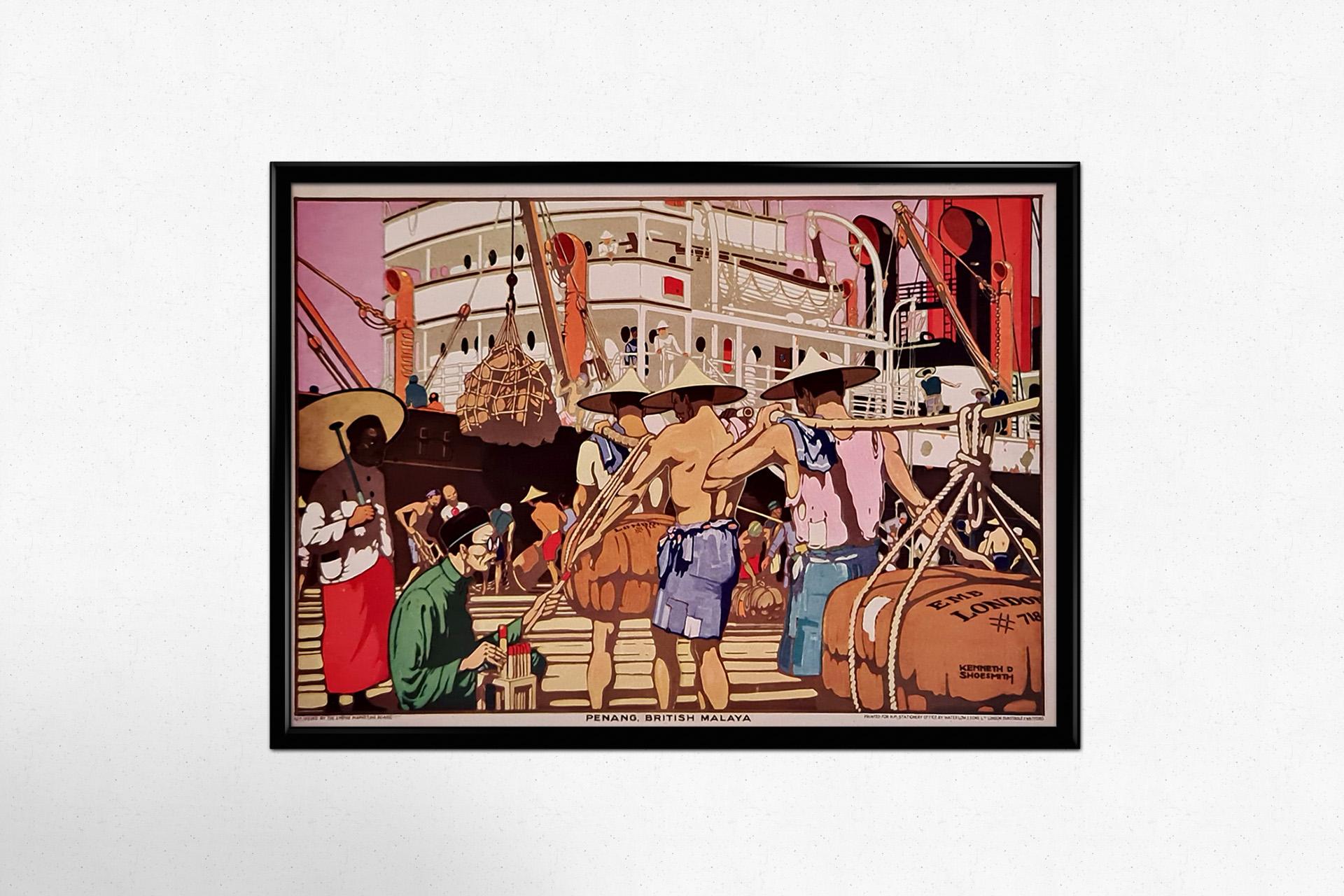 The circa 1930 original poster by Kenneth D. Shoesmith for Penang, British Malaya is a stunning example of early 20th-century travel advertising, promoting Penang as an exotic and alluring destination in Southeast Asia. Shoesmith's distinctive style