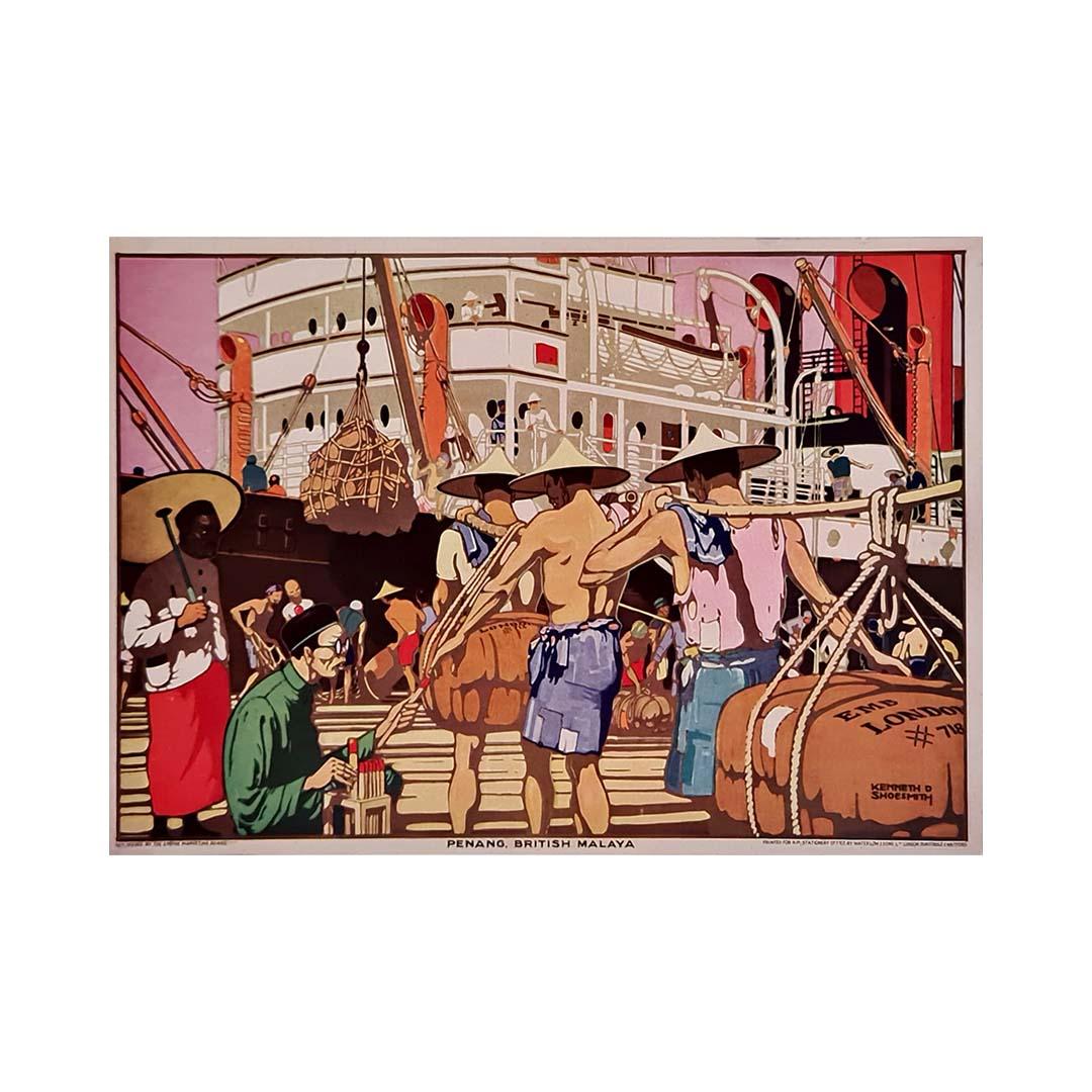 Circa 1930 original poster by Kenneth D. Shoesmith for Penang, British Malaya For Sale 2