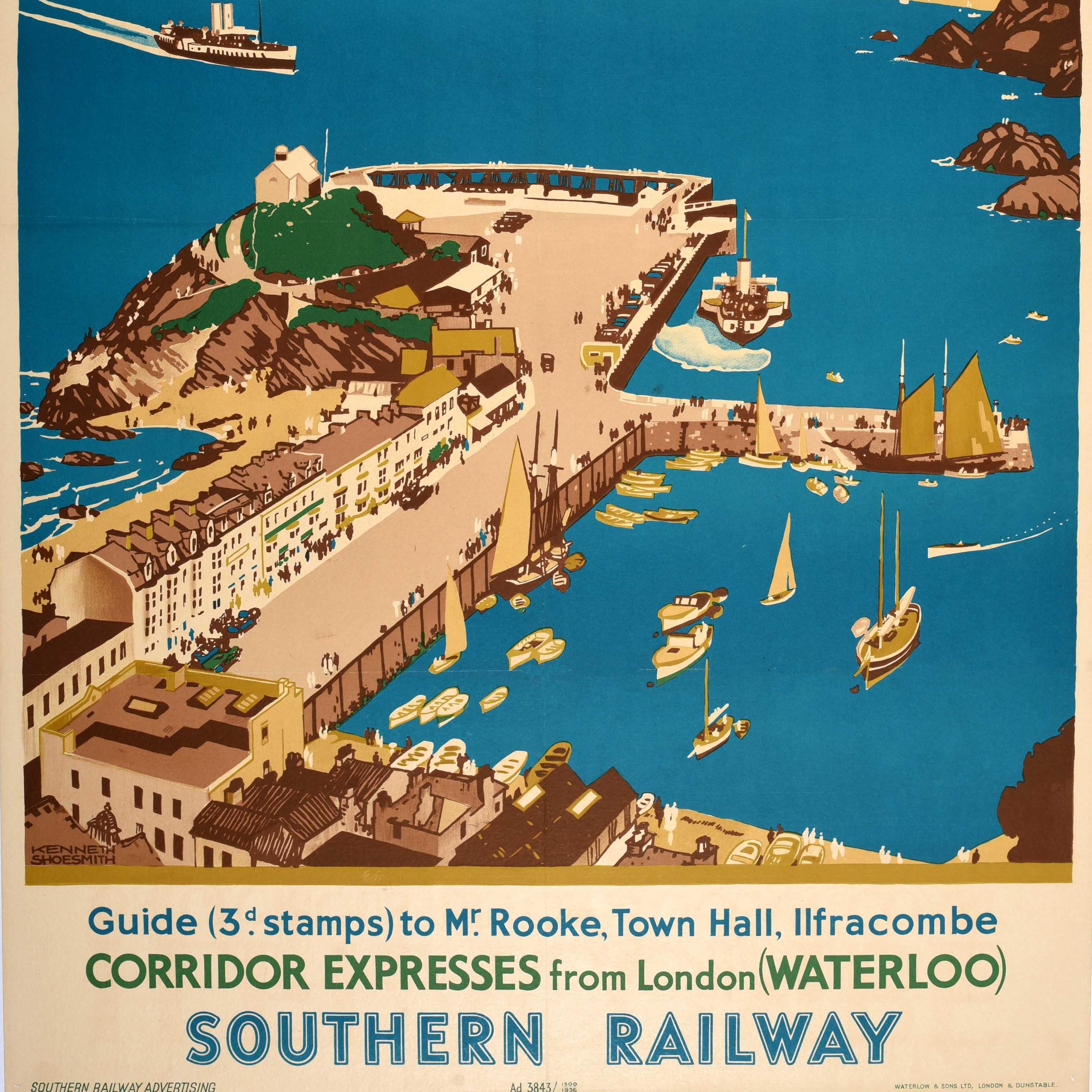 Original Vintage-Zugreiseplakat für Ilfracombe On Glorious Devon's Ocean Coast von Southern Railway mit einer malerischen Zeichnung des britischen maritimen Künstlers Kenneth Denton Shoesmith (1890-1939), die den Badeort aus der Vogelperspektive