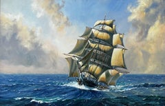 Vintage The Cutty Sark Sailing Ship on High Seas, Huge British Marine Oil Painting
