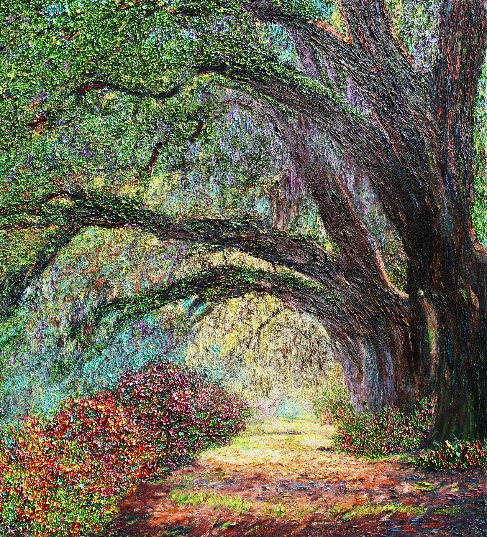 A Summerâ€™s Trail 60x54: â€œThere are so many beautiful examples of nature in this world.      A bright but gentle representation of a seasoned trail with the glow of intense sunlight cascading in the distance. Resplendent in bright colors this