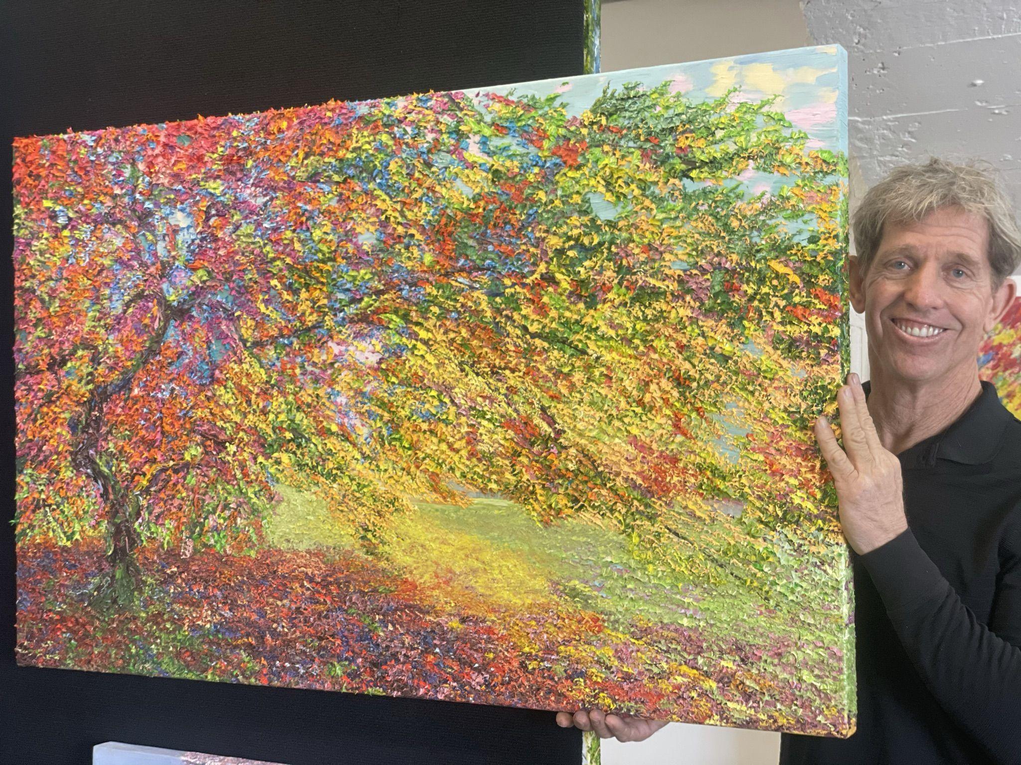 This painting is a kaleidoscope of color as the twisted limbs of an ancient tree almost seem to present four seasons in one frame.      The painting is executed in Clear Impressionism style in thick oils with bright colors, fluid motion, and